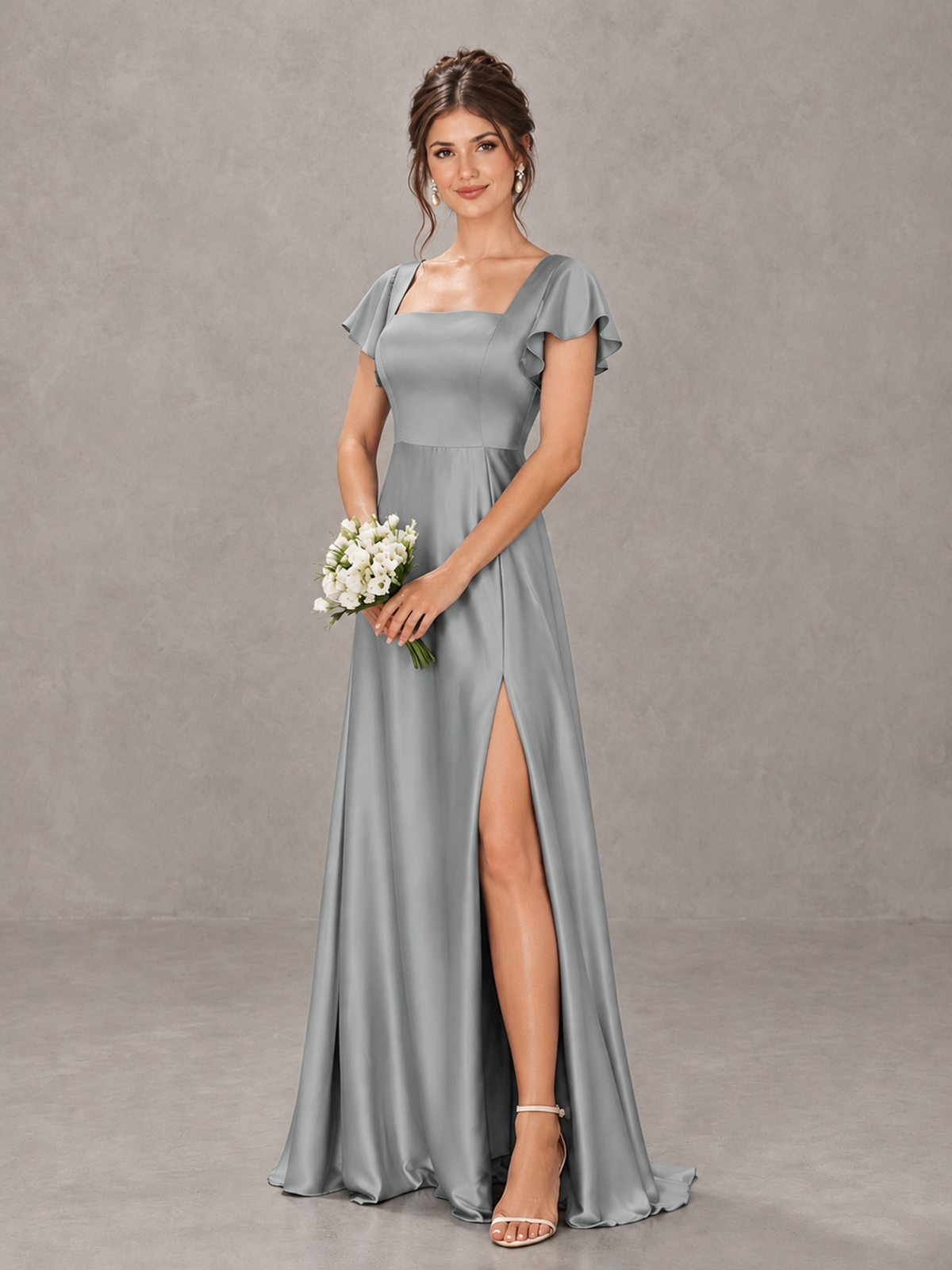 BOLODOO Grey Satin Square Neck Flutter Sleeve A-Line Bridesmaid Dress with Slit - Grey - Grey_4