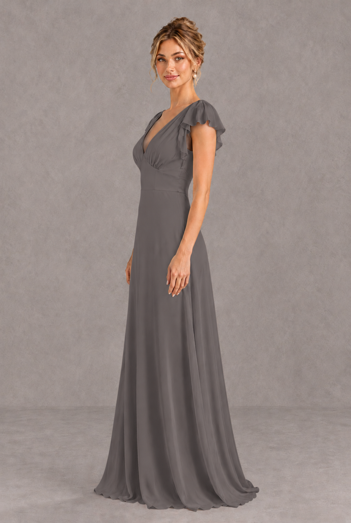 BOLODOO Grey V-Neck Flutter Sleeve A-Line Bridesmaid Dress - Grey - Grey_4