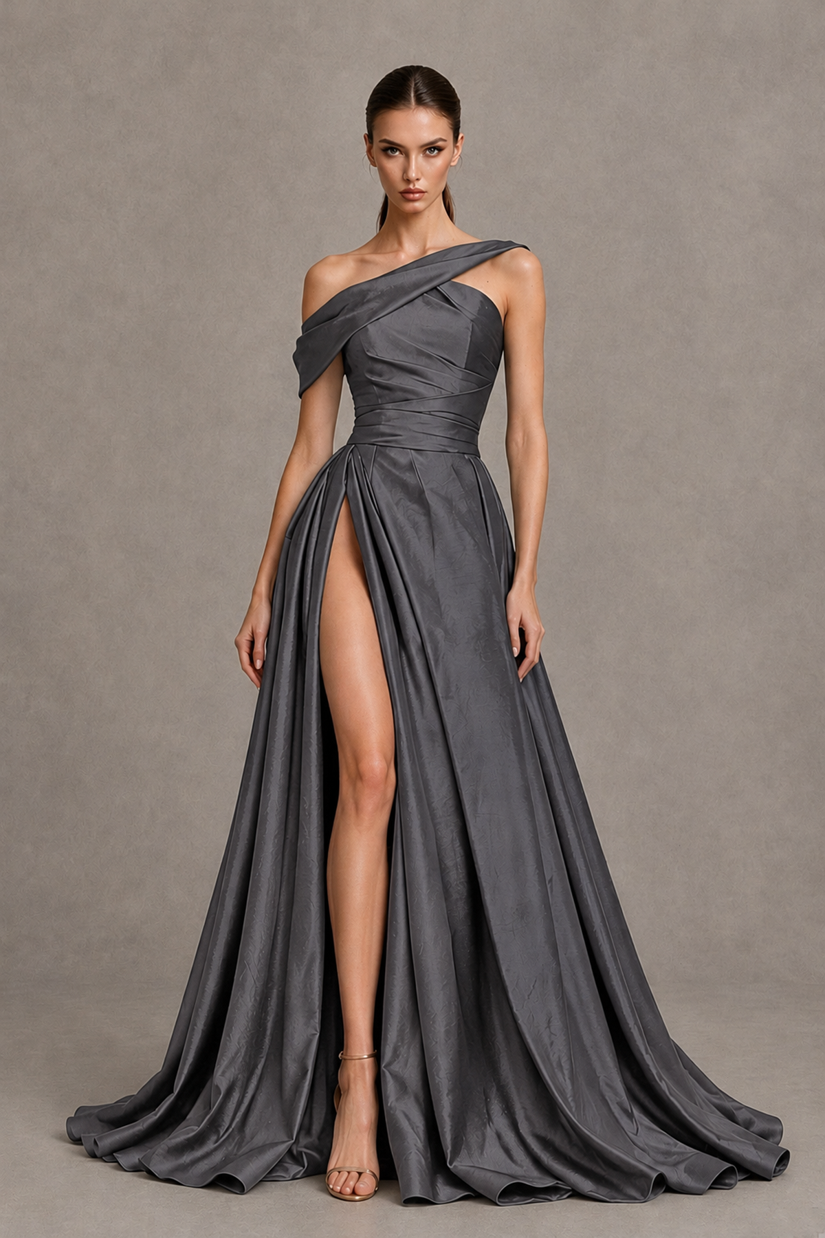 BOLODOO Grey Asymmetric Satin-Look A-Line Prom Dress with High Slit - Grey - Grey_4