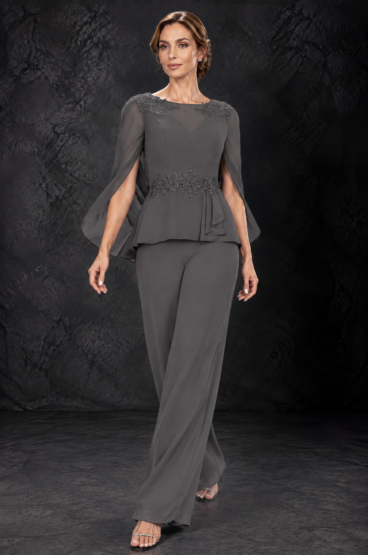 BOLODOO Grey Embellished Cape Sleeve Mother of the Bride Pantsuit - Grey - Grey_4