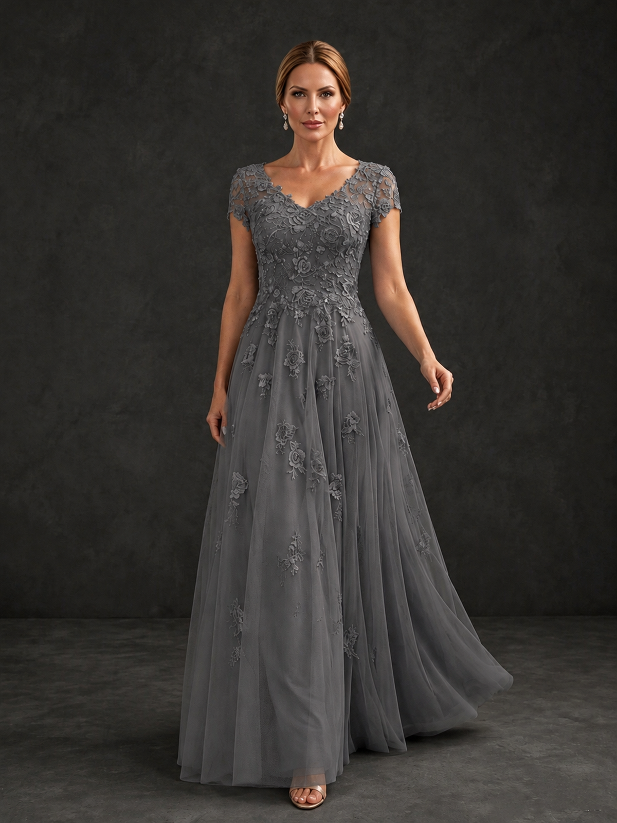 BOLODOO Grey Cap Sleeve Lace Appliqué A-Line Formal Gown | Mother of the Bride Dress - Grey - Grey_4
