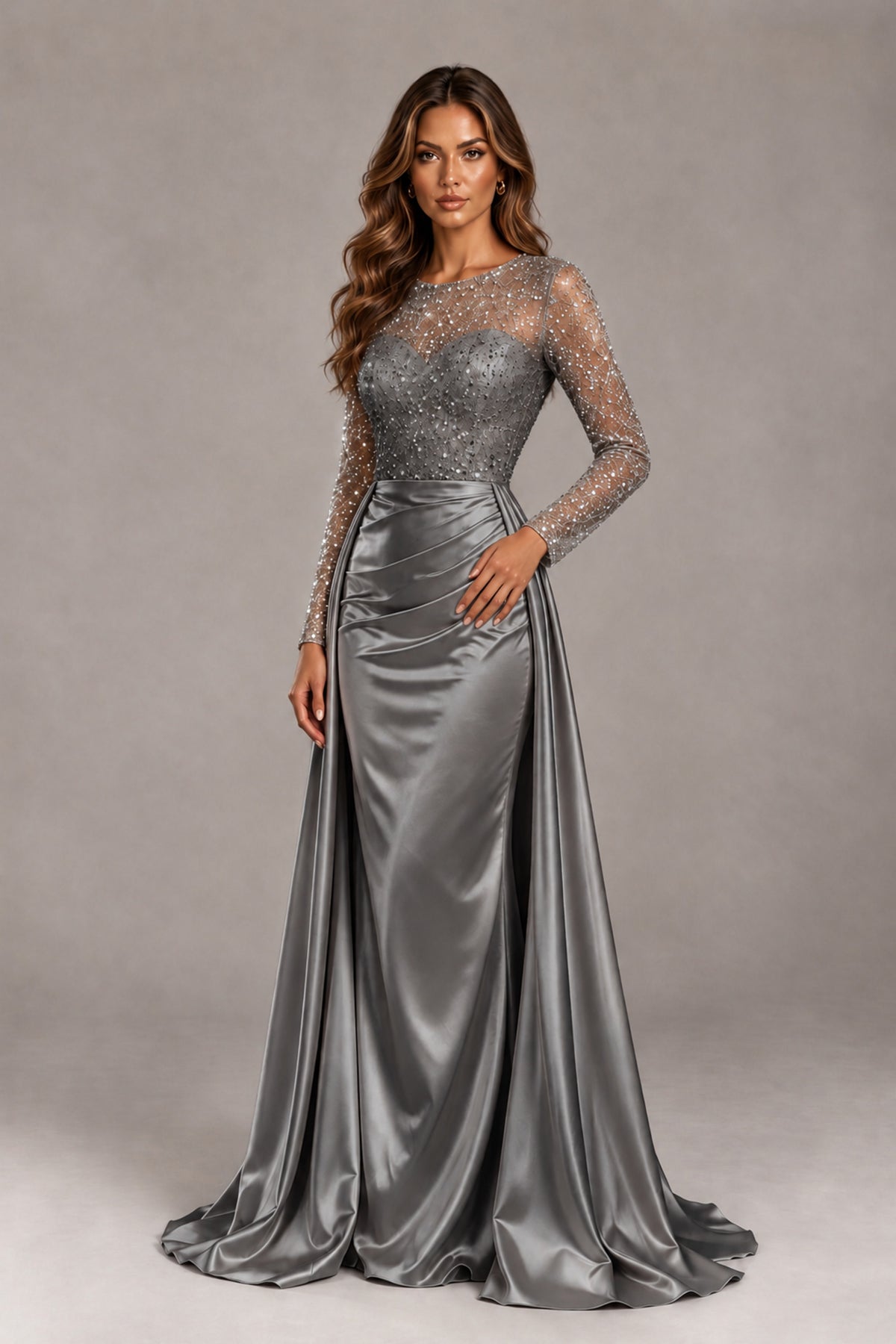BOLODOO Grey Long Sleeve Embellished Satin Evening Gown with Sweep Train - Grey - Grey_4