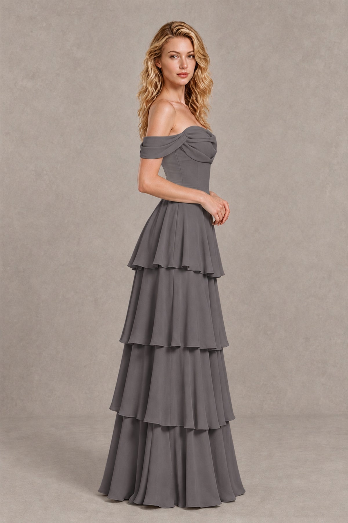 BOLODOO Grey Off-the-Shoulder Tiered A-Line Evening Bridesmaid Dress - Grey - Grey_4