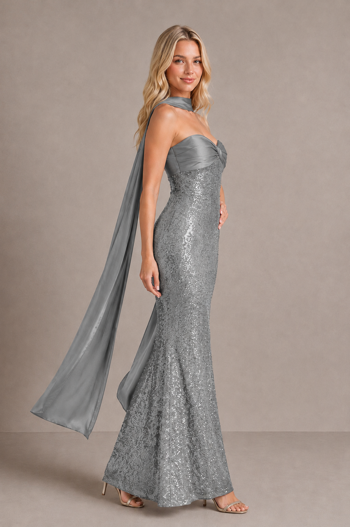 BOLODOO Grey Strapless Sweetheart Evening Dress with Scarf - Grey - Grey_4