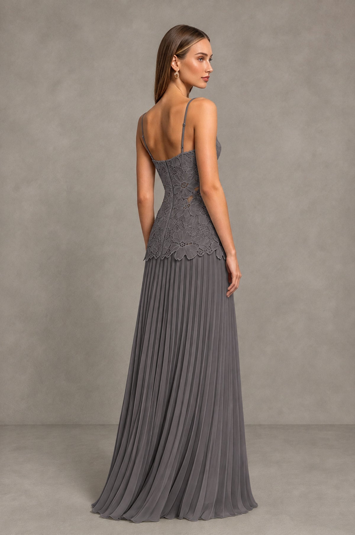 BOLODOO Grey Lace Bodice Pleated Wedding Guest Dress - Grey - Grey_4
