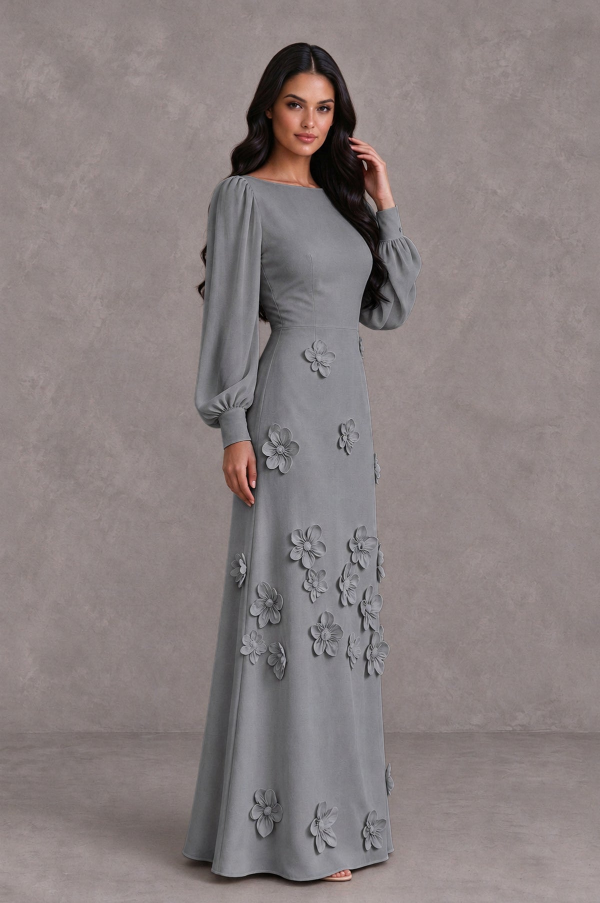 BOLODOO Grey Long Sleeve Floral Applique A-Line Evening Dress - Grey - Grey_4