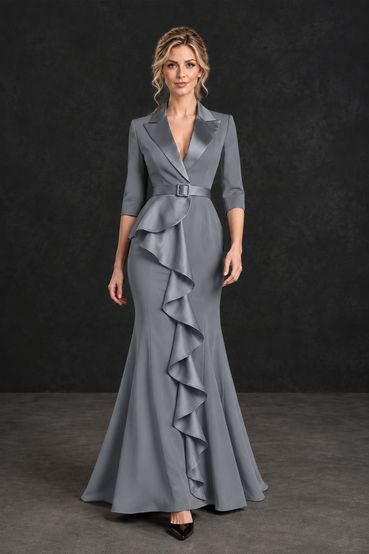 BOLODOO Grey Lapel Ruffle Mother of the Bride Dress with Belt - Grey - Grey_4