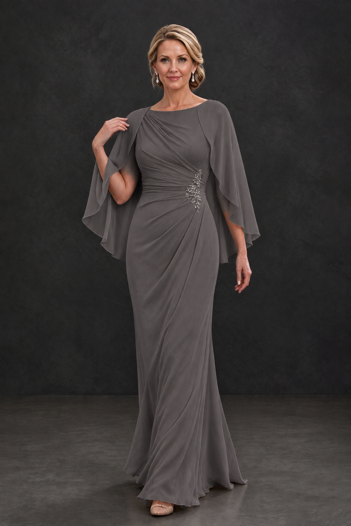 BOLODOO Grey Cape Sleeve Mother of the Bride Dress with Ruched Waist - Grey - Grey_4