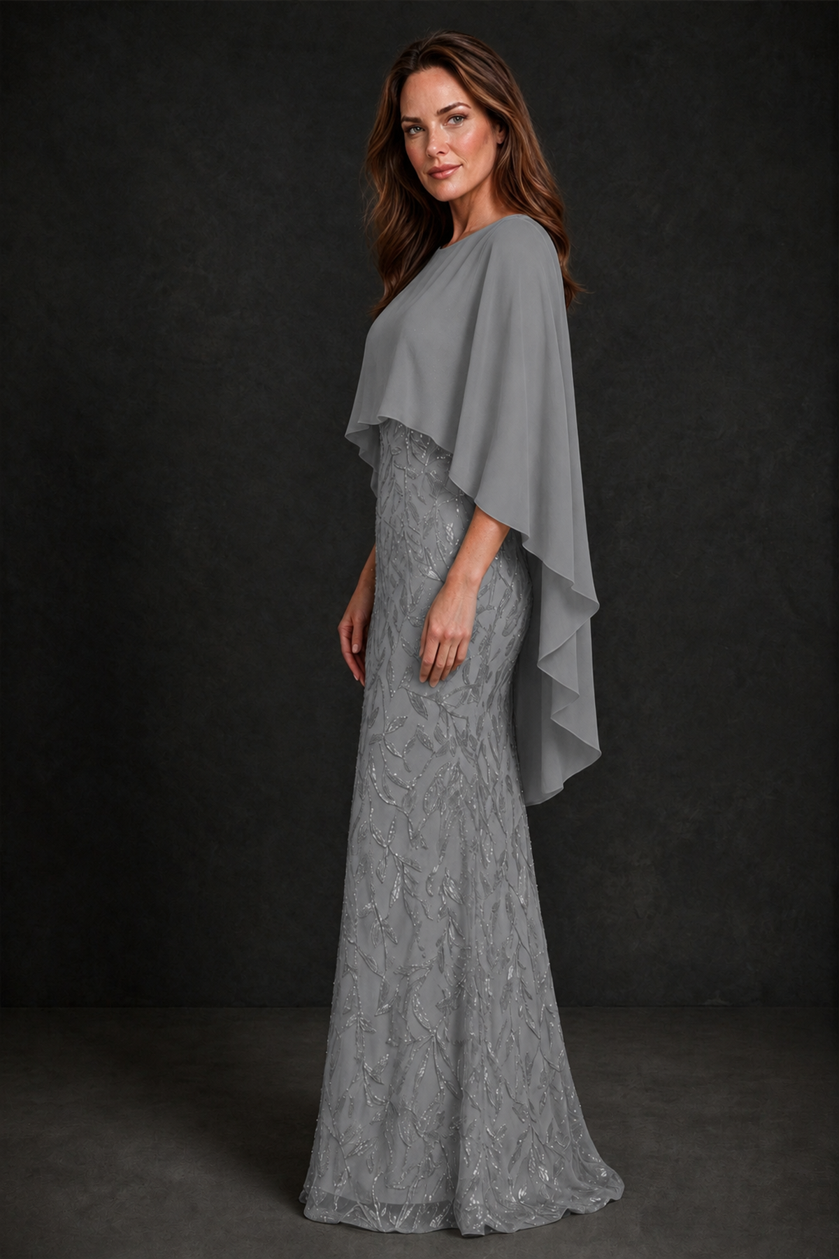 BOLODOO Grey Round Neck Chiffon Cape Overlay Sequin Lace Mermaid Maxi Dress - Grey - Grey_4