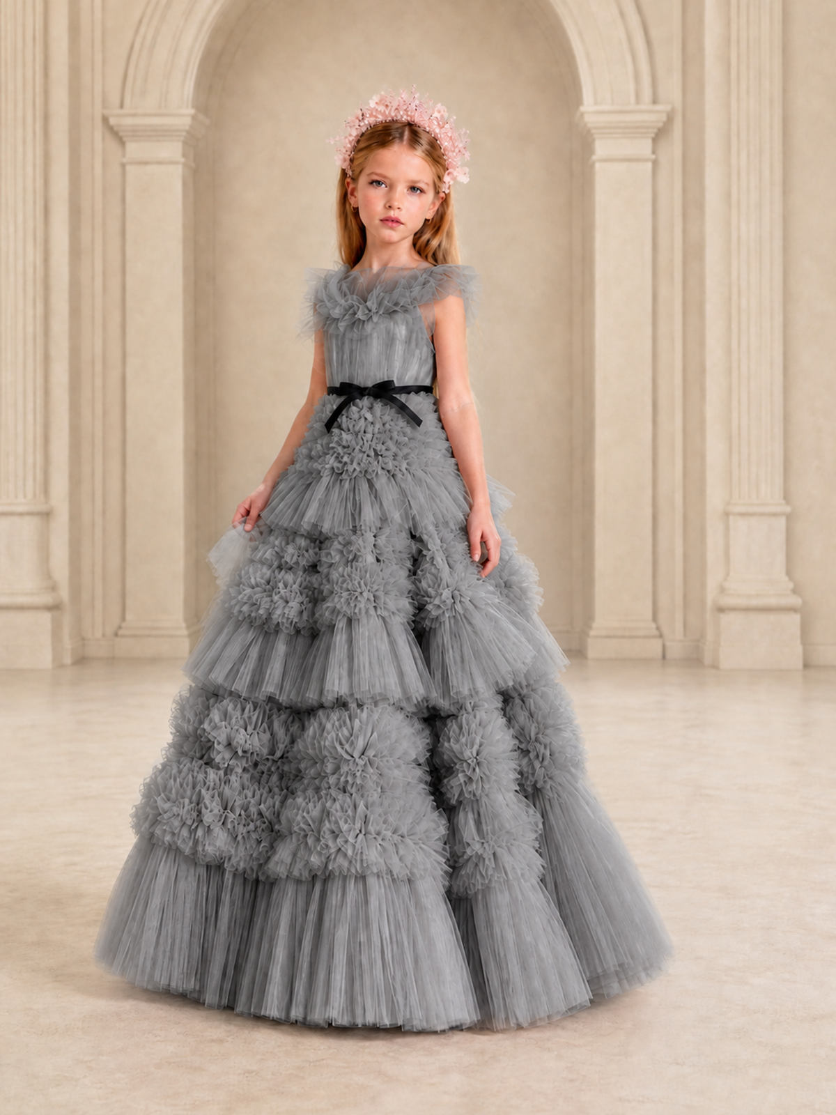 BOLODOO Grey Tiered Tulle Flower Girl Dress with Floral Appliques - Grey - Grey_4