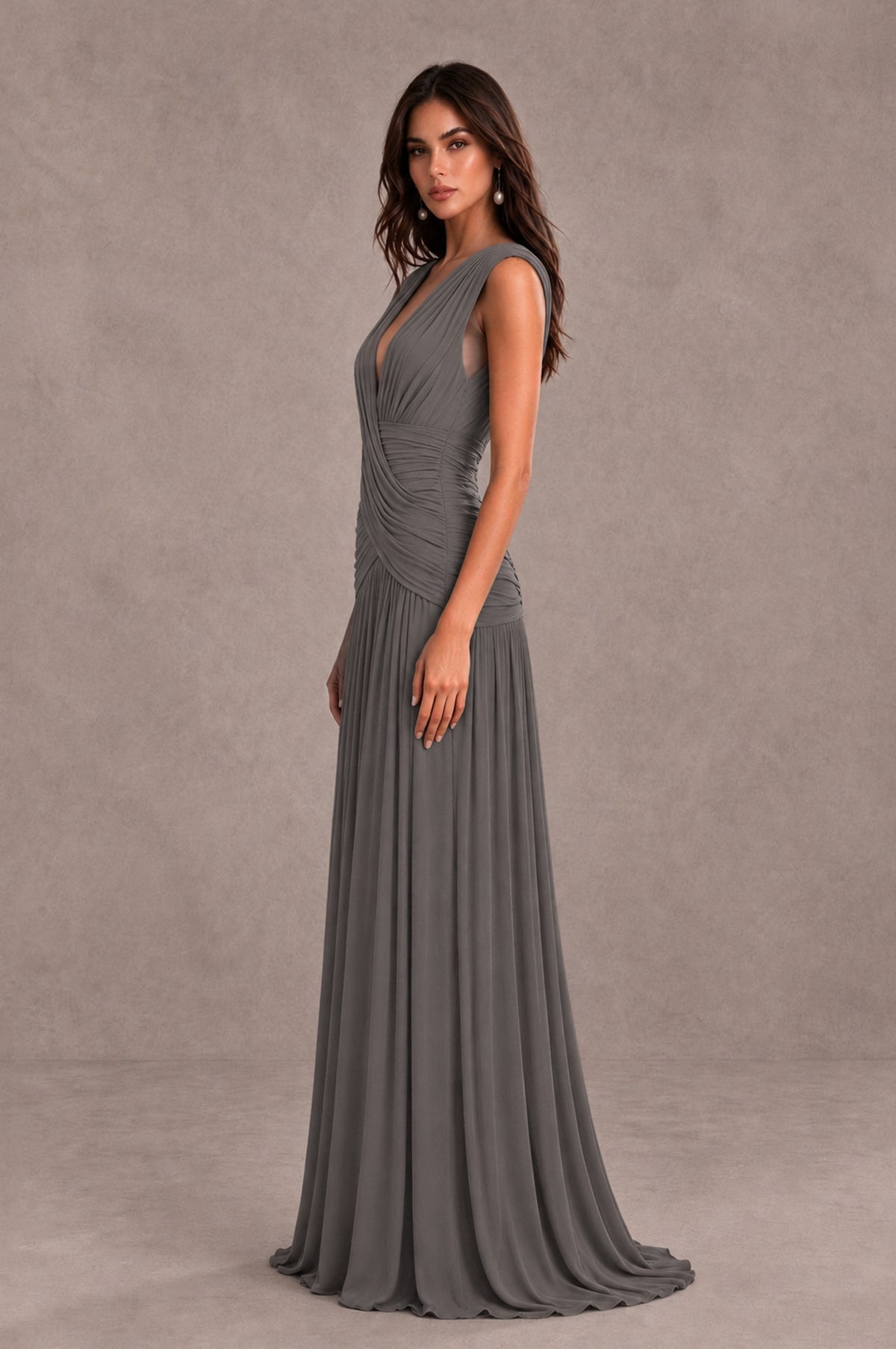 BOLODOO Grey V-Neck Ruched Wedding Guest Dress - Grey - Grey_4