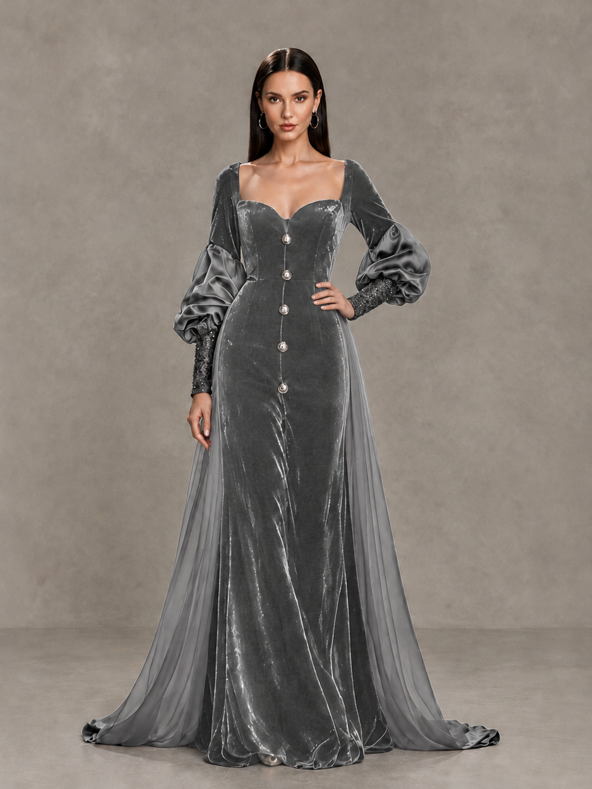 BOLODOO Grey Velvet Long Sleeve Open-Back Evening Gown - Grey - Grey_4