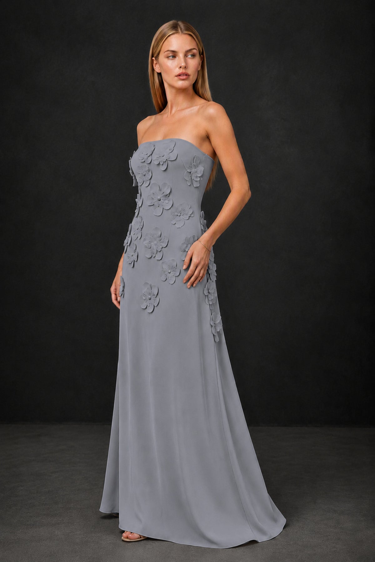 BOLODOO Grey Strapless 3D Floral Appliqué Crepe Maxi Gown - Grey