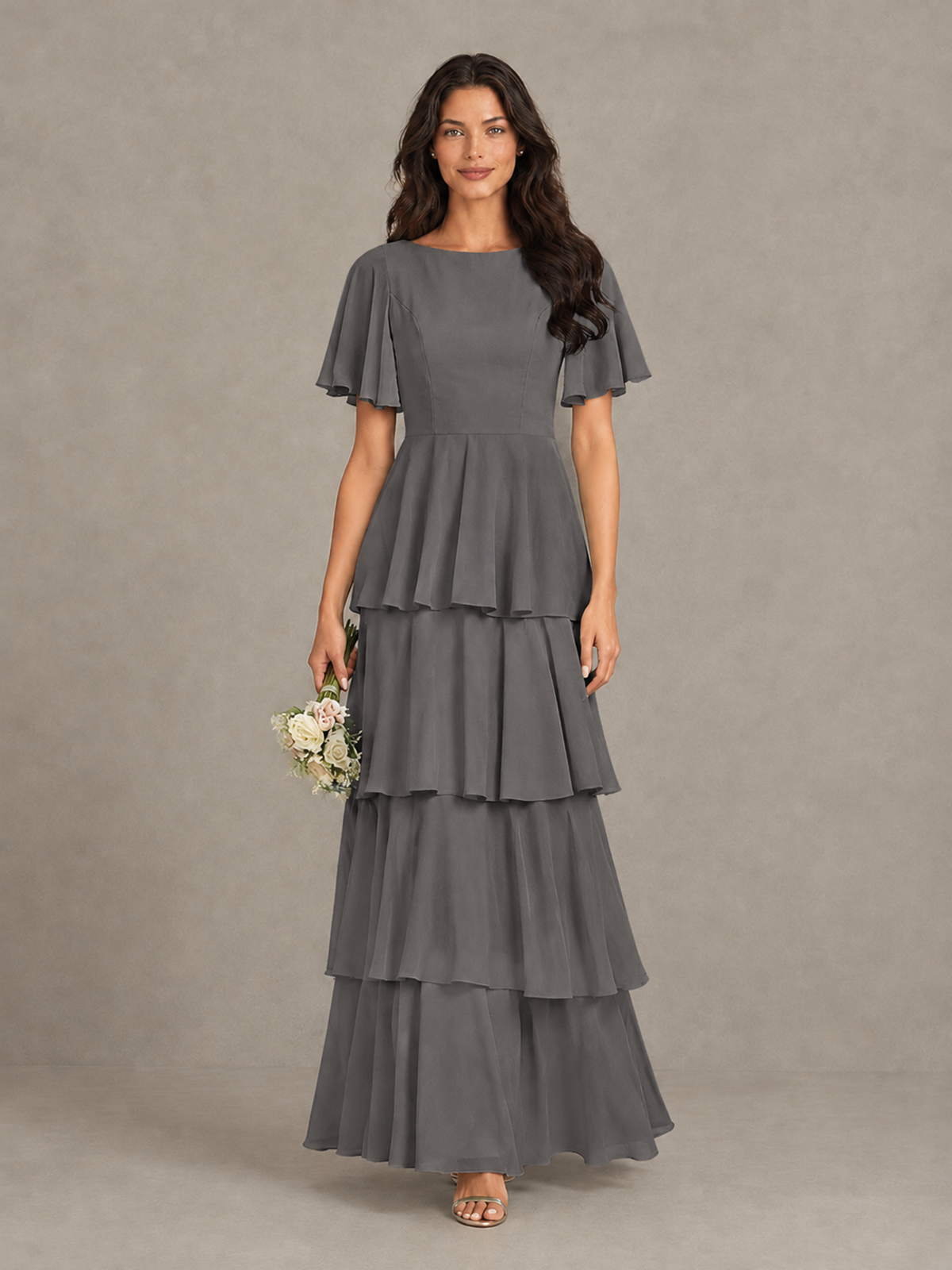 BOLODOO Grey Tiered Flutter Sleeve Bridesmaid Dress - Grey - Grey_4