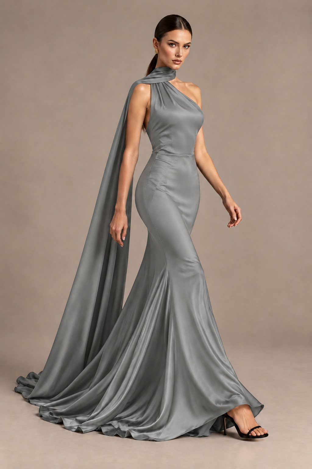 BOLODOO Grey One-Shoulder Satin Mermaid Evening Dress with Scarf - Grey - Grey_4