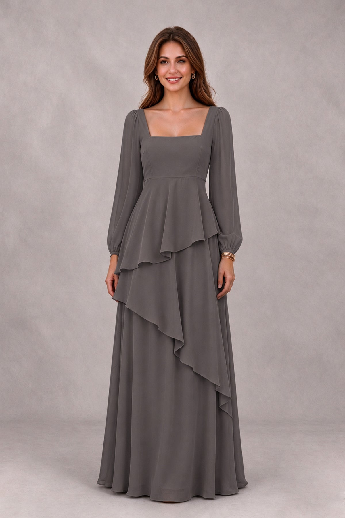 BOLODOO Grey Long Sleeve Ruffle Bridesmaid Dresses - Grey - Grey_4