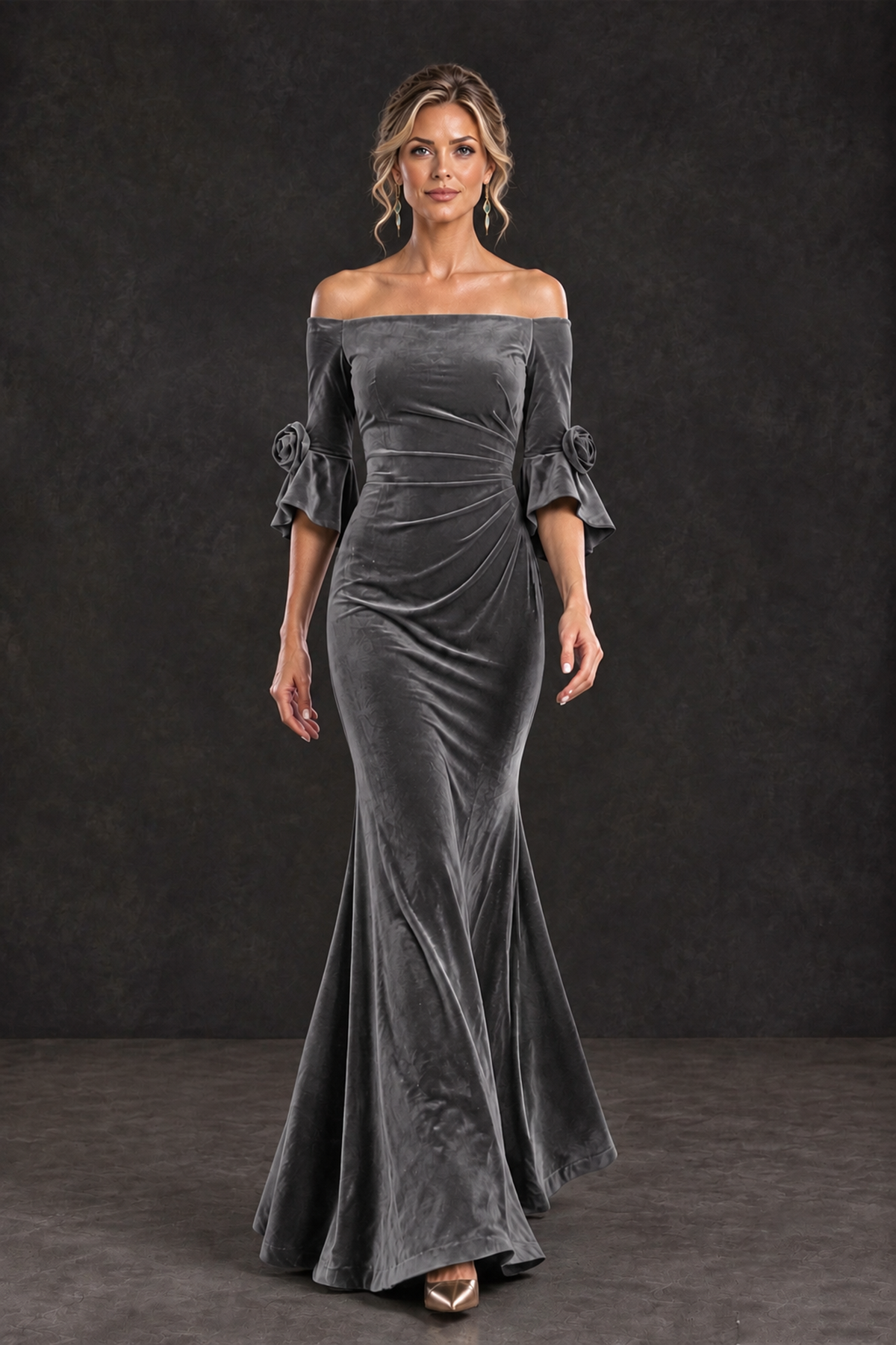 BOLODOO Grey Velvet Off-Shoulder Mother of the Bride Dress – 3/4 Floral Cuff Sleeve Mermaid Evening Gown - Grey - Grey_4
