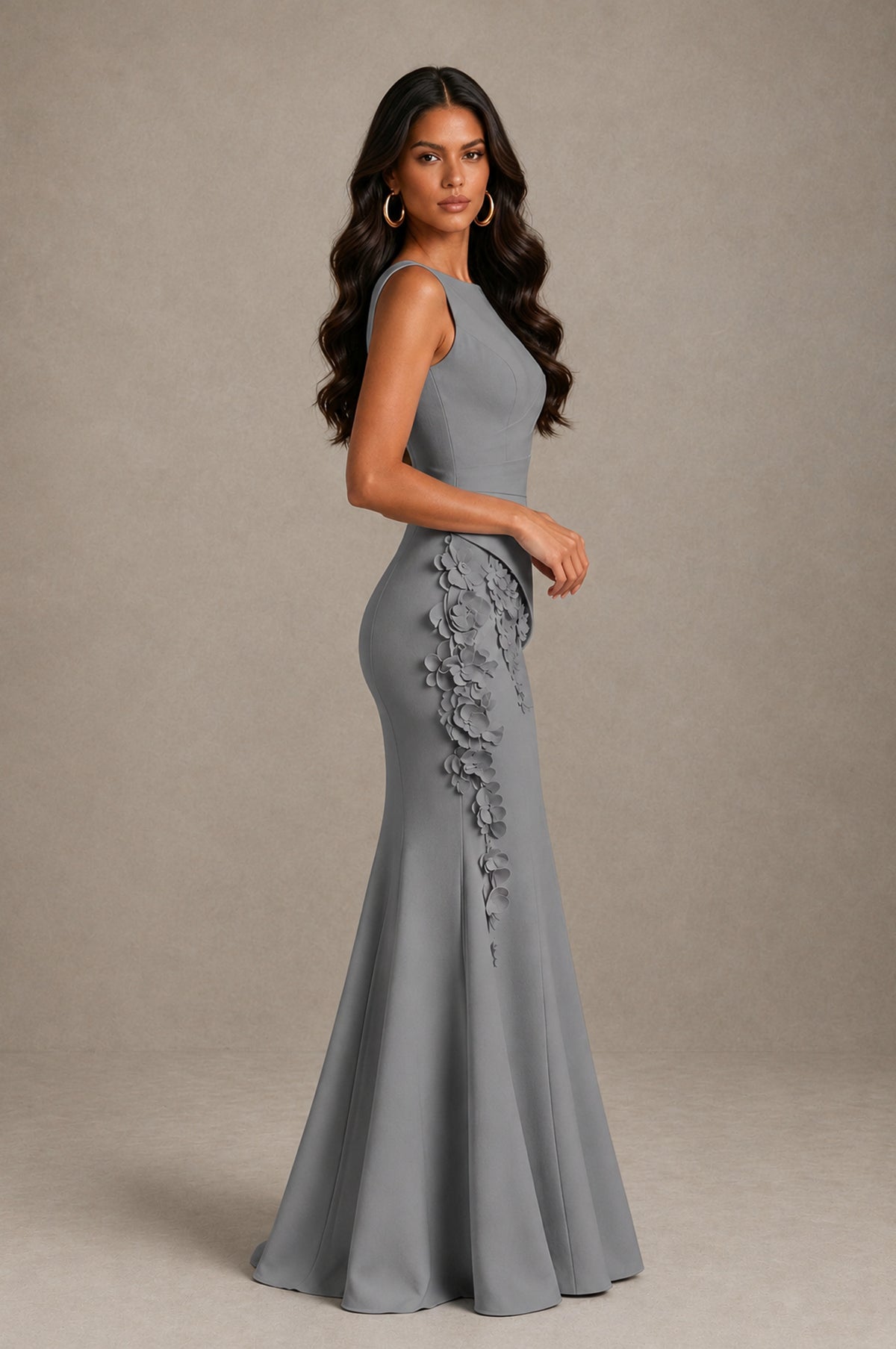 BOLODOO Grey Bateau Neck Sleeveless Asymmetric Peplum 3D Petal Appliqué Mermaid Gown BD0421 - Grey - Grey_4