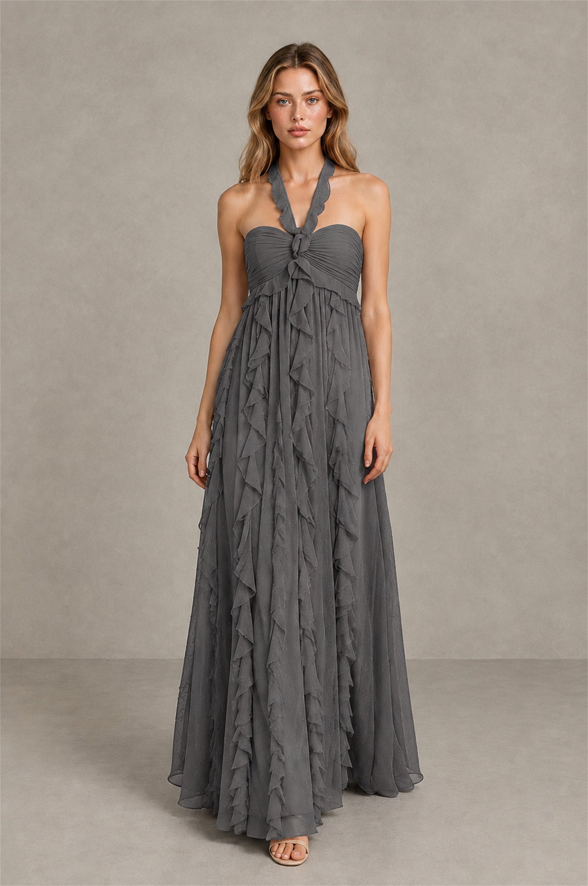 BOLODOO Grey Halter Ruffle A-Line Floor-Length Evening Dress - Grey - Grey_4