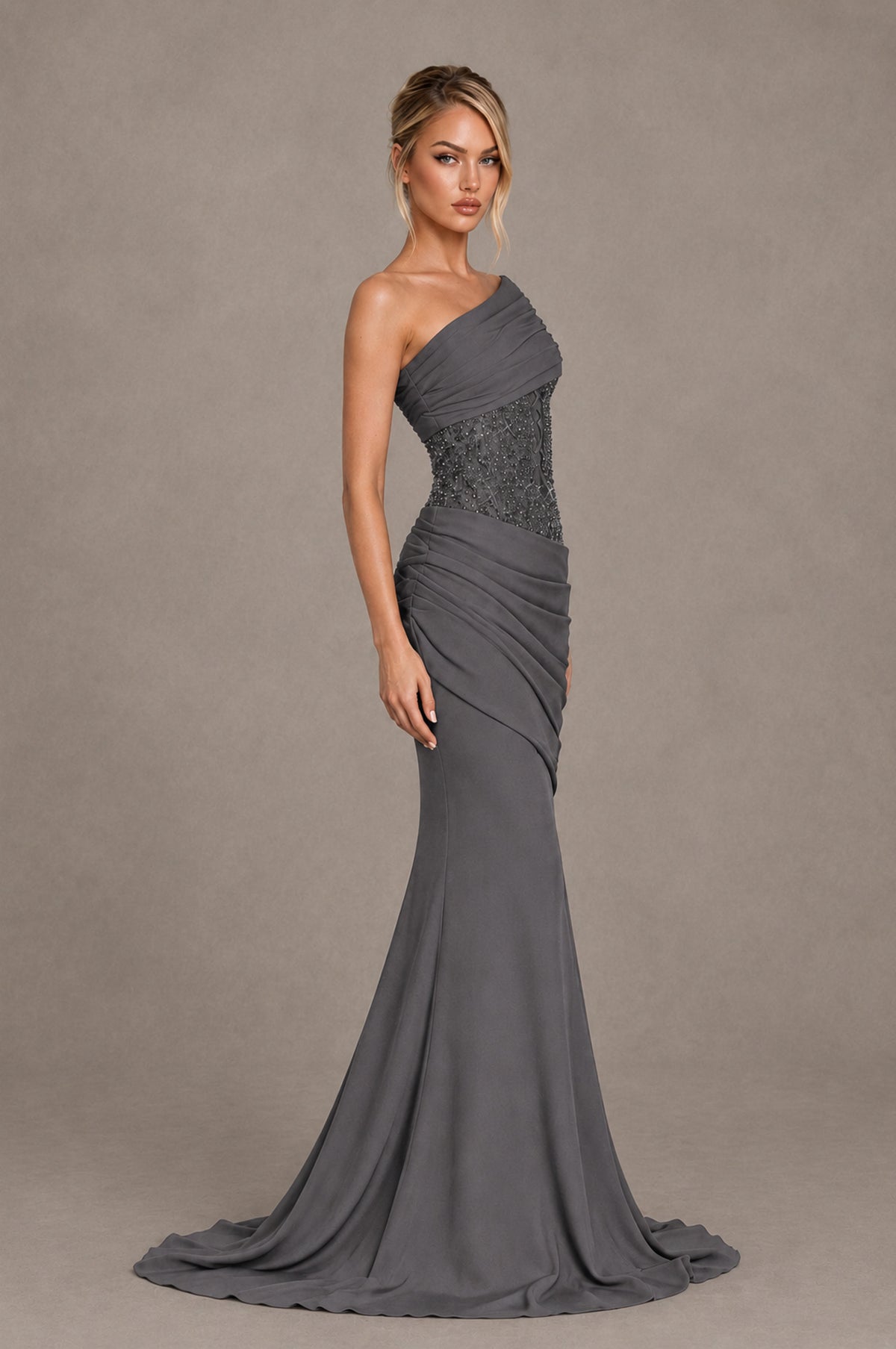 BOLODOO Grey One-Shoulder Sequin Embroidered Ruched Mermaid Gown with Train - Grey - Grey_4