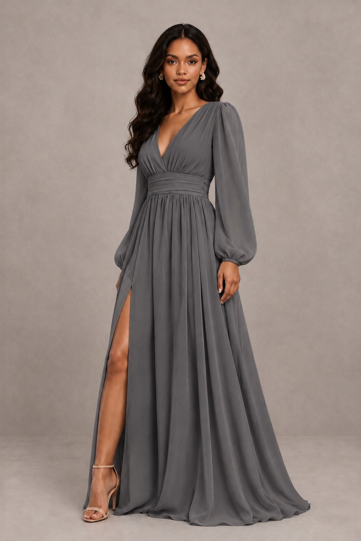 BOLODOO Grey Long Sleeve V-Neck A-Line Gown with Open Back & Slit - Grey - Grey_4