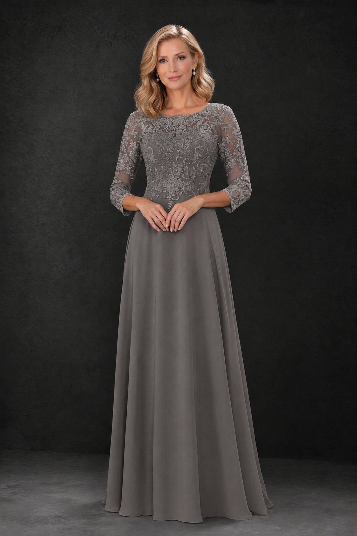 BOLODOO Grey Lace Embroidered Mother of the Bride Dress with 3/4 Sleeves - Grey