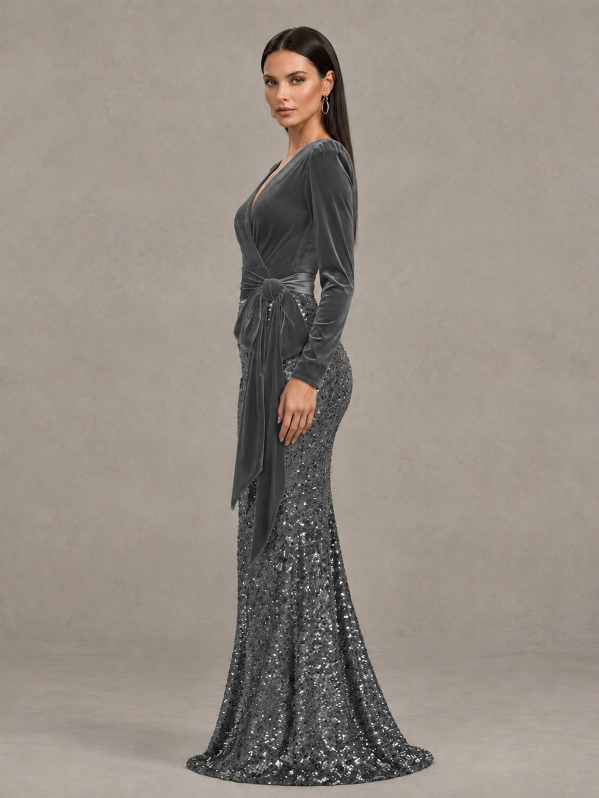 BOLODOO Grey Velvet & Sequin Long Sleeve V-Neck Mermaid Evening Gown - Grey - Grey_4