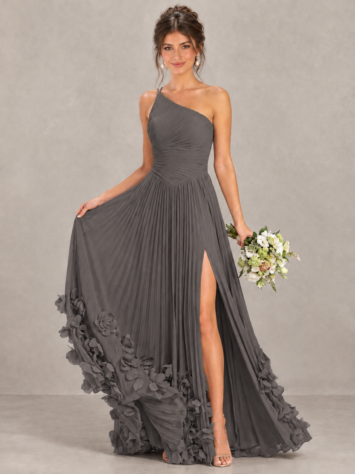 BOLODOO Grey One-Shoulder Pleated Bridesmaid Dress with 3D Floral Hem - Grey - Grey_4
