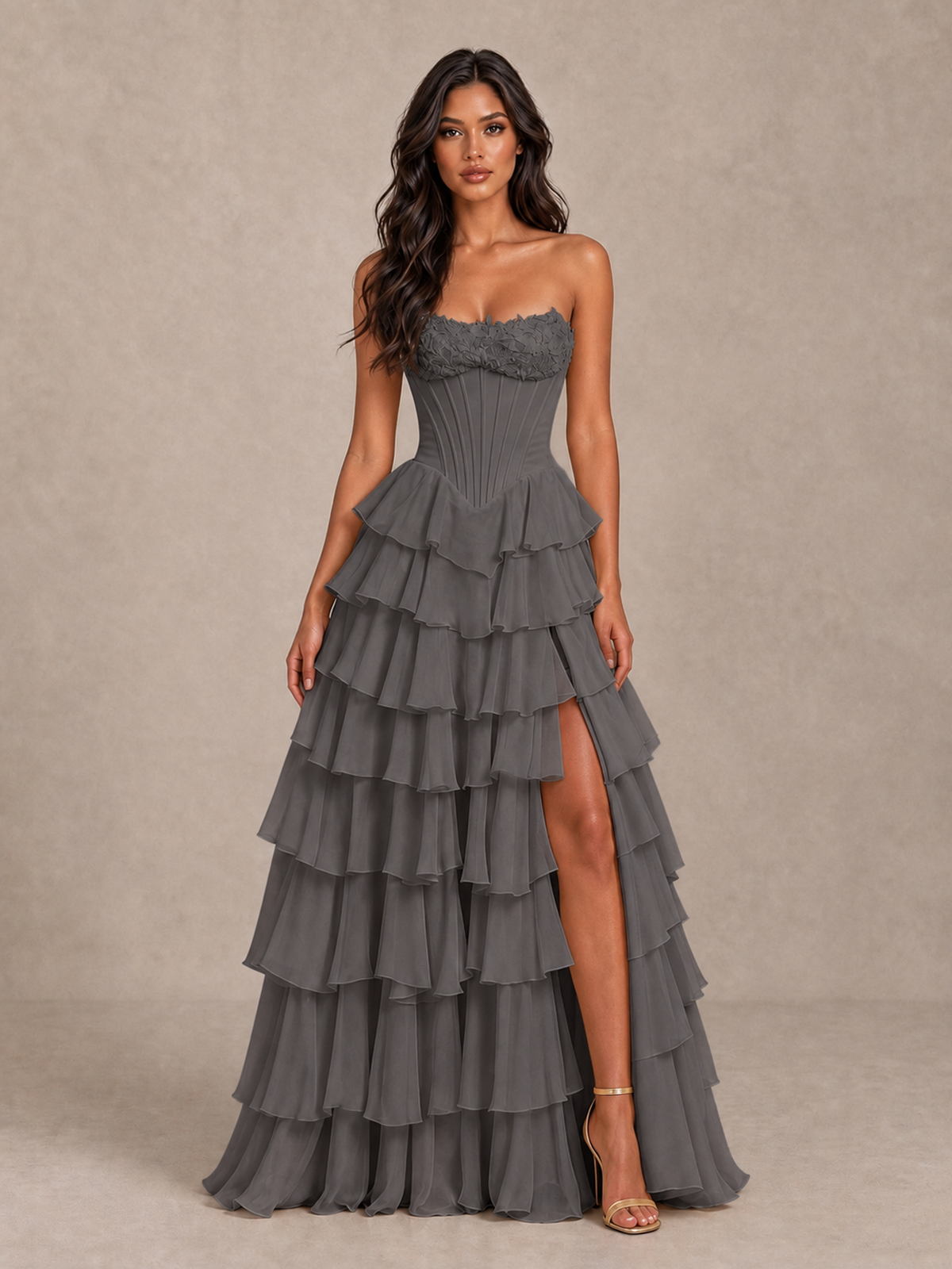 BOLODOO Grey Strapless Corset Tiered Ruffle Prom Dress with High Slit - Grey - Grey_4