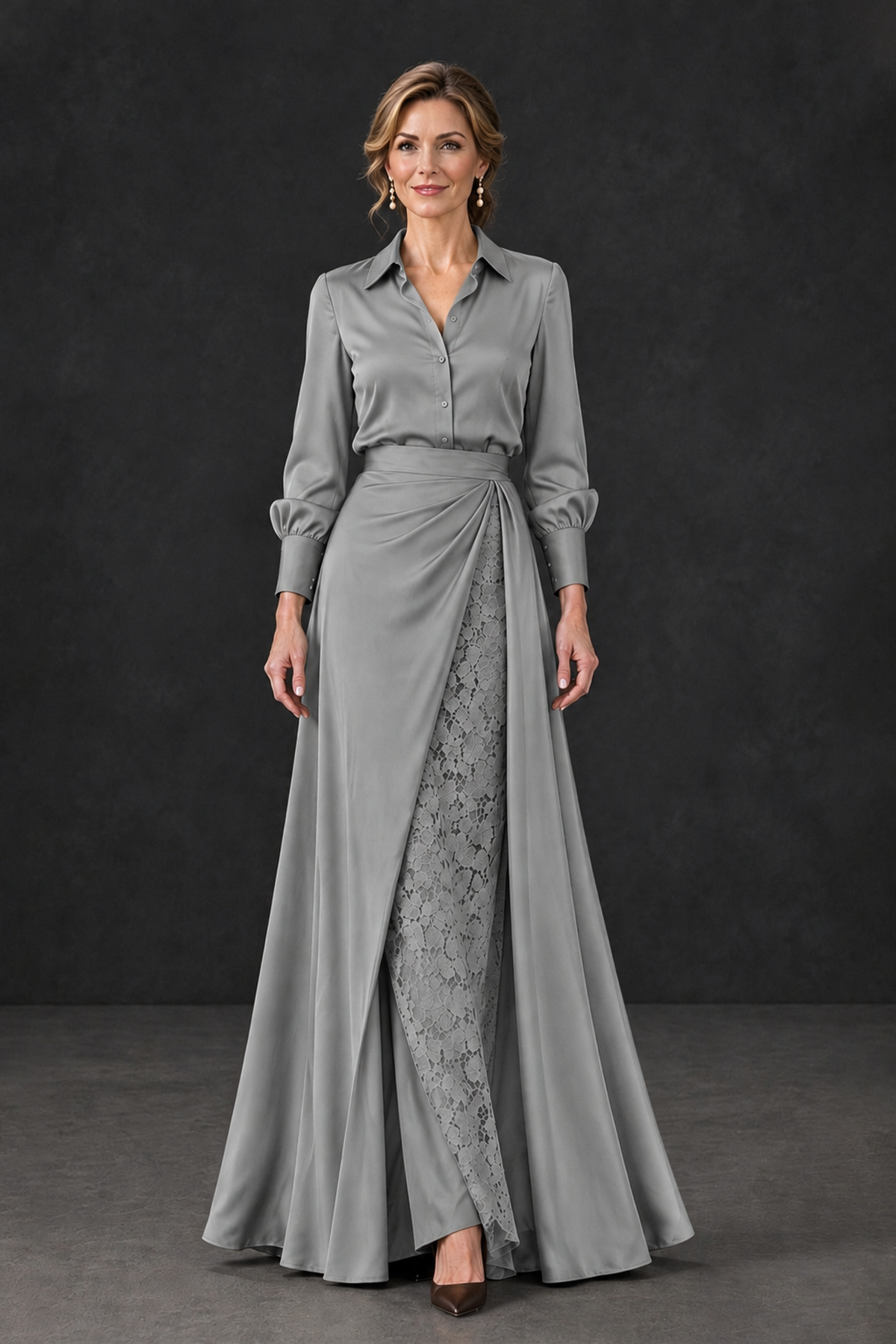 BOLODOO Grey Long Sleeve Satin-Look Lace Panel Gown - Grey - Grey_4