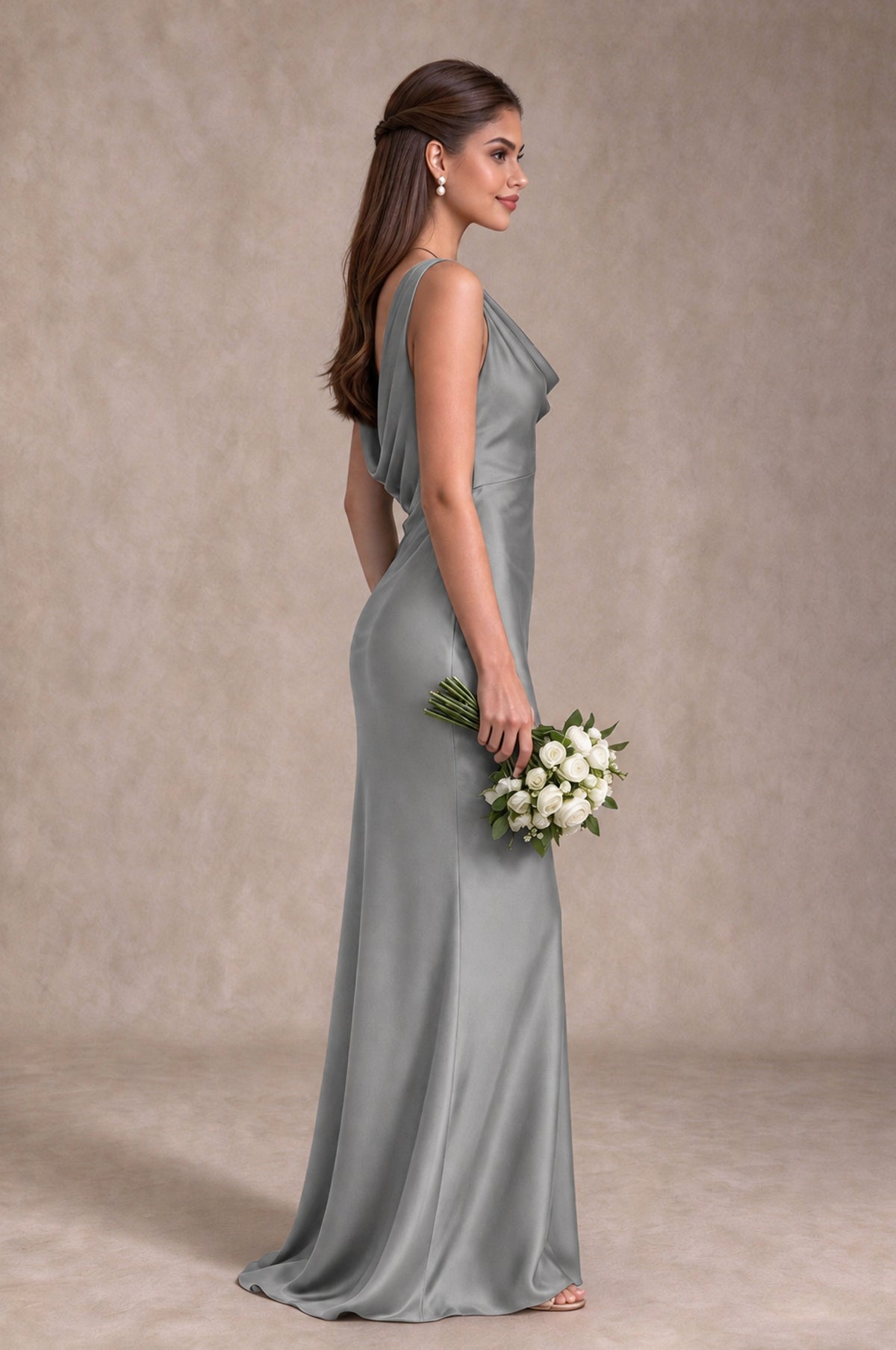 BOLODOO Grey Cowl Neck Open Back Satin Bridesmaid Dress - Grey - Grey_4