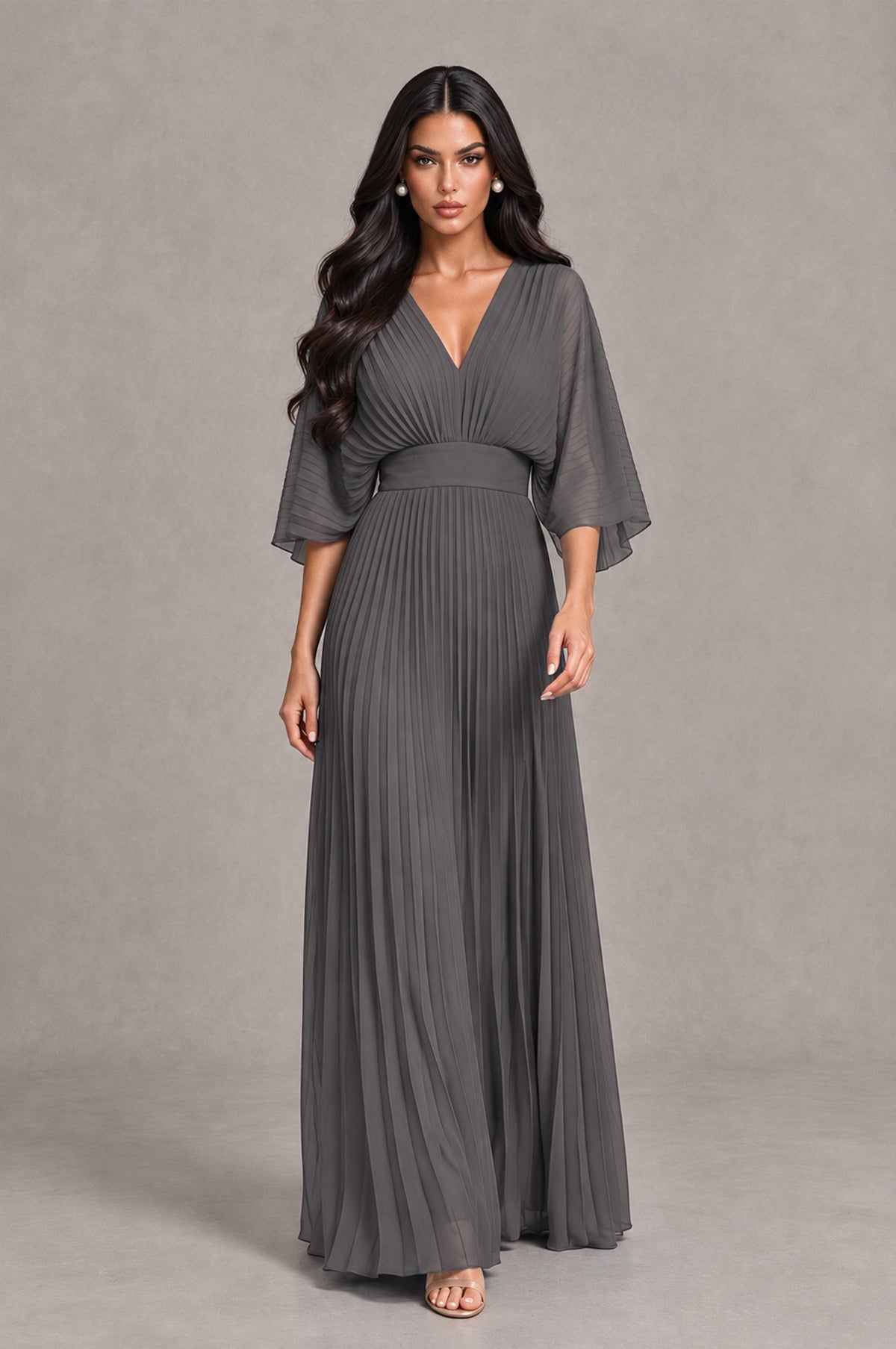 BOLODOO Grey V-Neck Pleated Flutter Sleeve Formal Dress - Grey - Grey_4