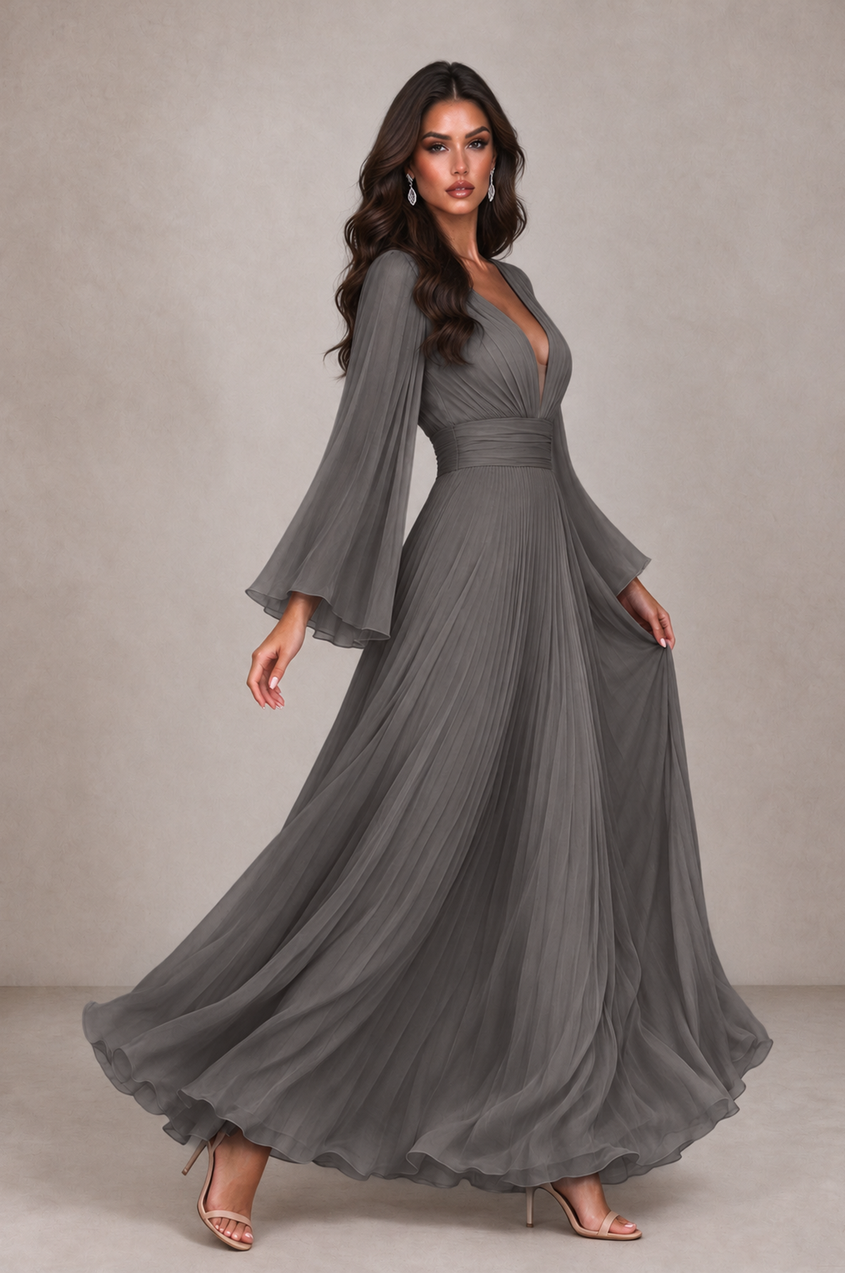 BOLODOO Grey Pleated Deep V-Neck Long Bell Sleeve Evening Dress - Grey - Grey_4