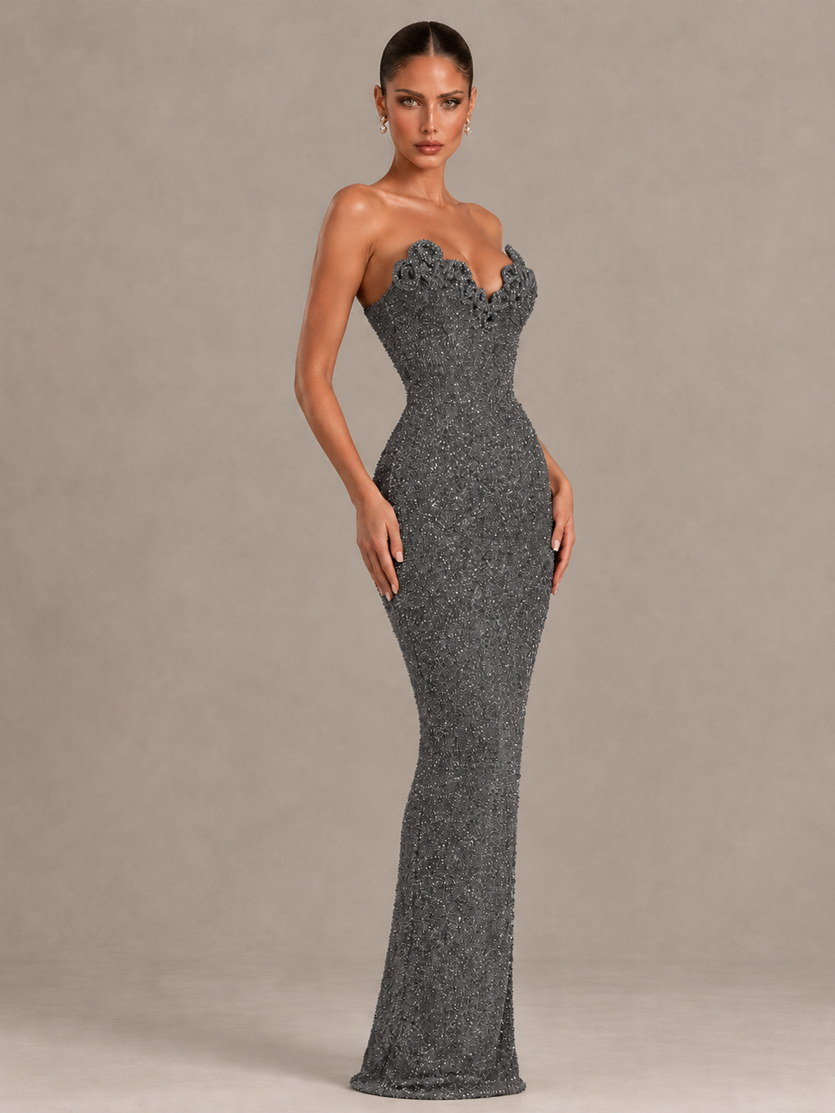 BOLODOO Grey Strapless Sequin Evening Gown with Floral Neckline - Grey - Grey_4