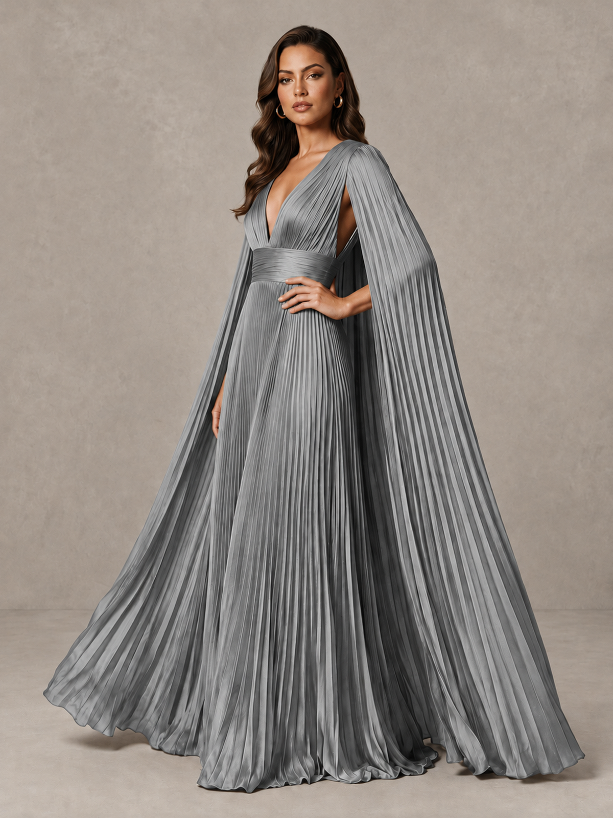 BOLODOO Grey Deep V-Neck Pleated Cape Sleeve Evening Gown - Grey - Grey_4