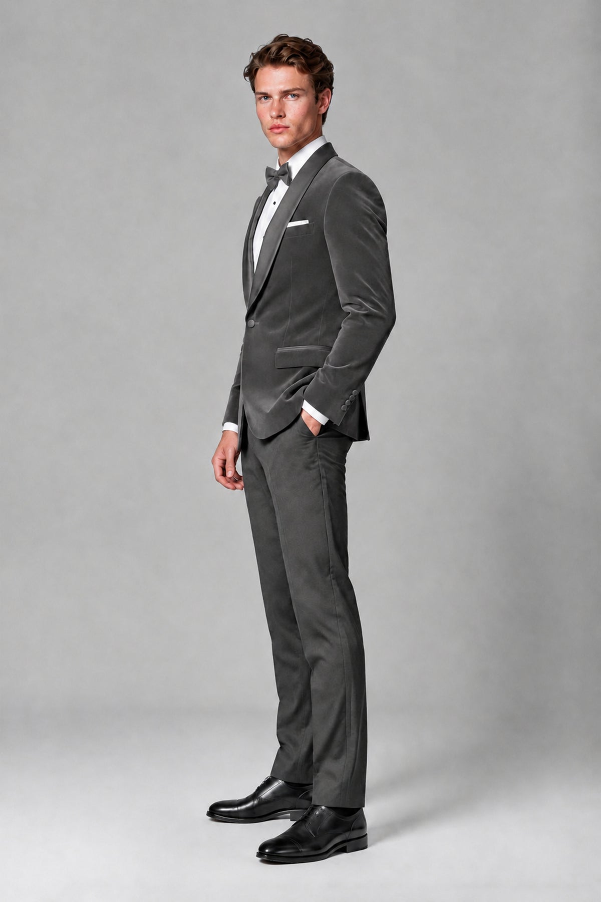 BOLODOO Men's Grey Velvet Blazer | Shawl Lapel Tuxedo Jacket - Grey - Grey_4
