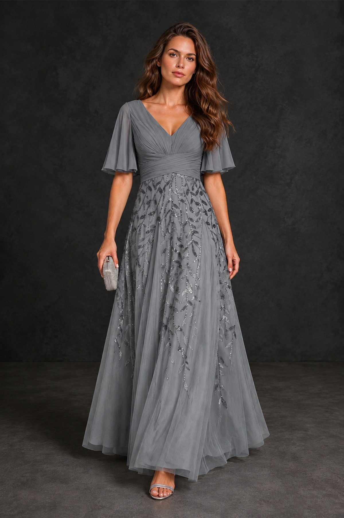 BOLODOO Grey V-Neck Flutter Sleeve Beaded Botanical Tulle A-Line Gown | Mother of the Bride Evening Dress - Grey - Grey_4