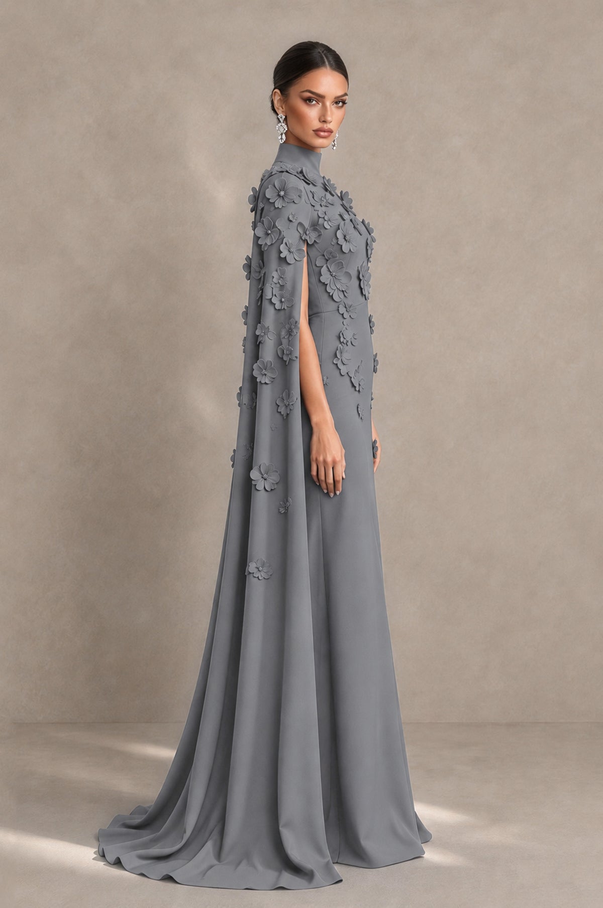 BOLODOO Grey 3D Floral Applique Cape Formal Dress - Grey - Grey_4
