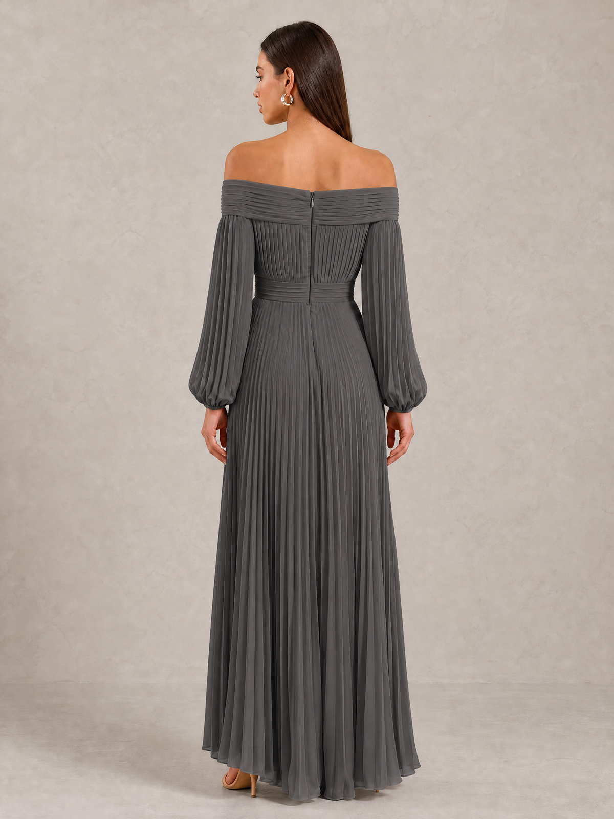 BOLODOO Grey Off-Shoulder Long Sleeve Pleated High-Low Dress - Grey - Grey_4