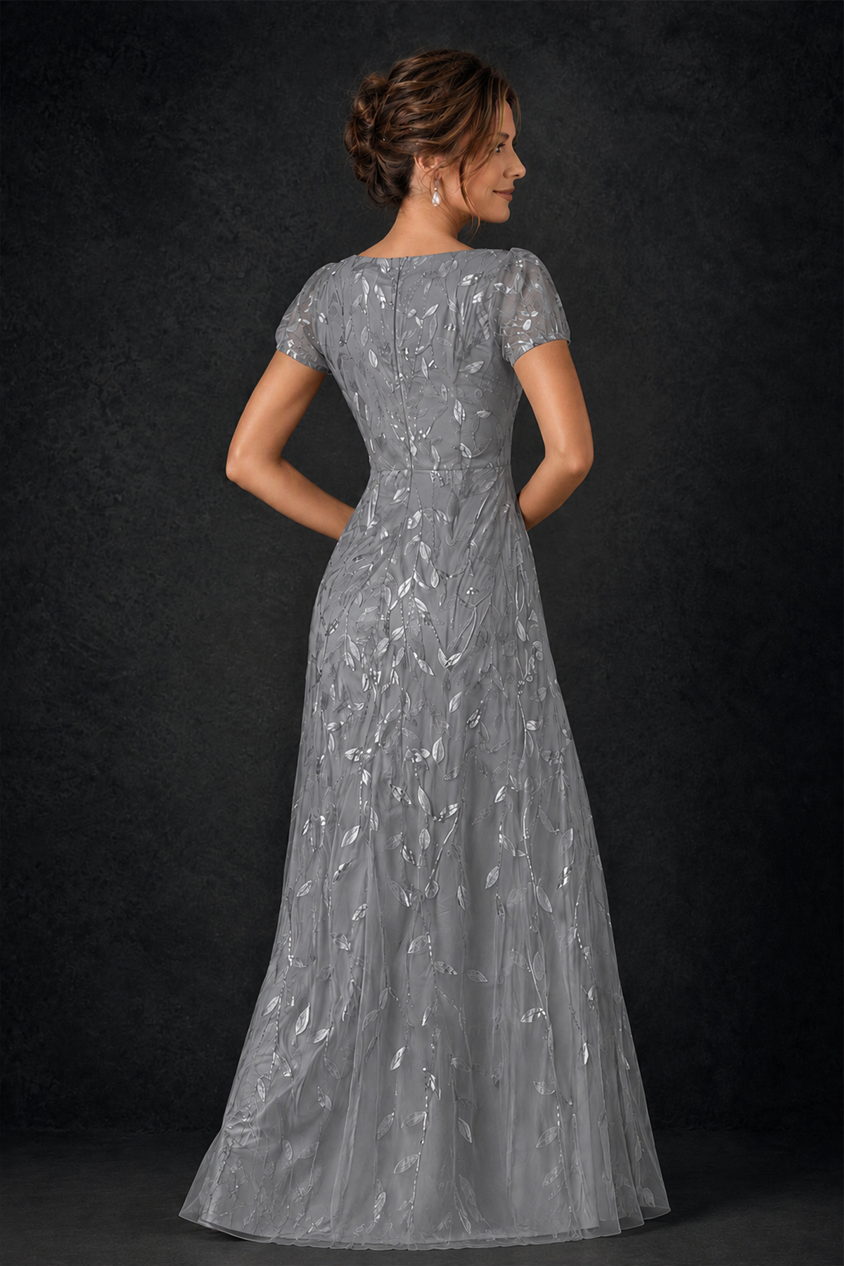 BOLODOO Grey Leaf Embroidered A-Line Formal Gown with Cap Sleeves - Grey - Grey_4