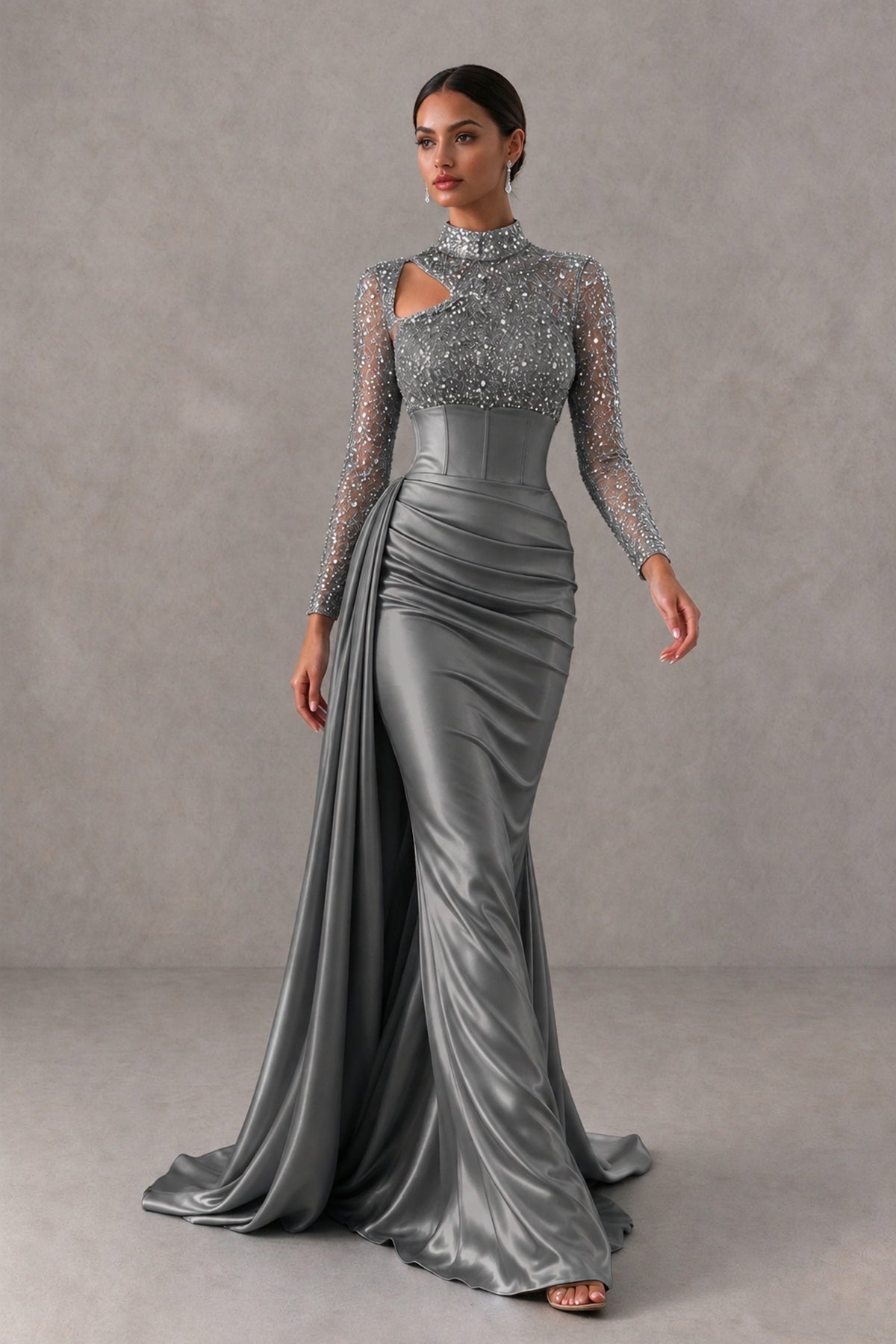 BOLODOO Grey Long Sleeve Embellished Satin Mermaid Evening Gown - Grey - Grey_4