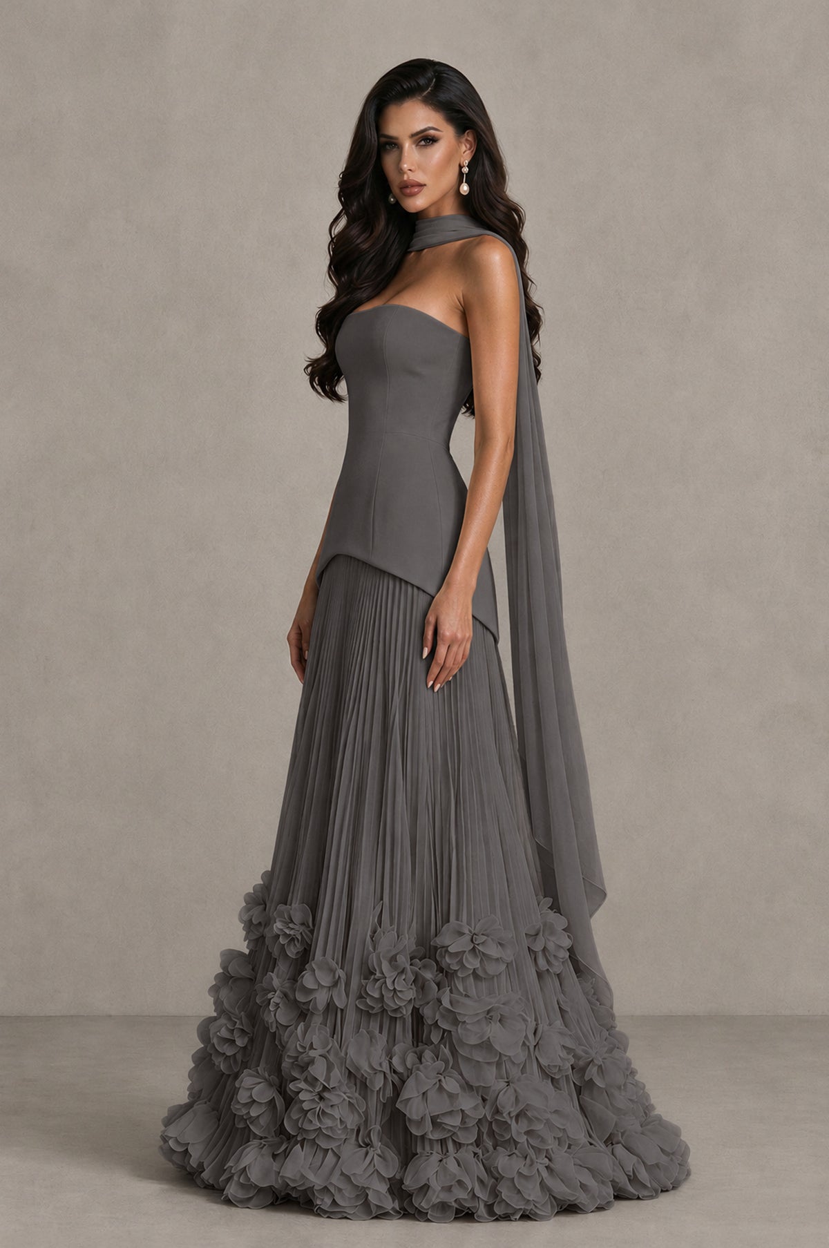 BOLODOO Grey Strapless Pleated Floral Hem Evening Gown - Grey - Grey_4