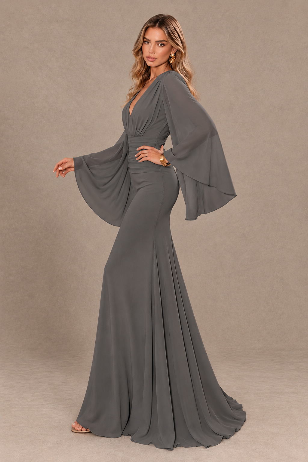 BOLODOO Grey Cape Sleeve V-Neck Ruched Chiffon Evening Dress - Grey - Grey_4