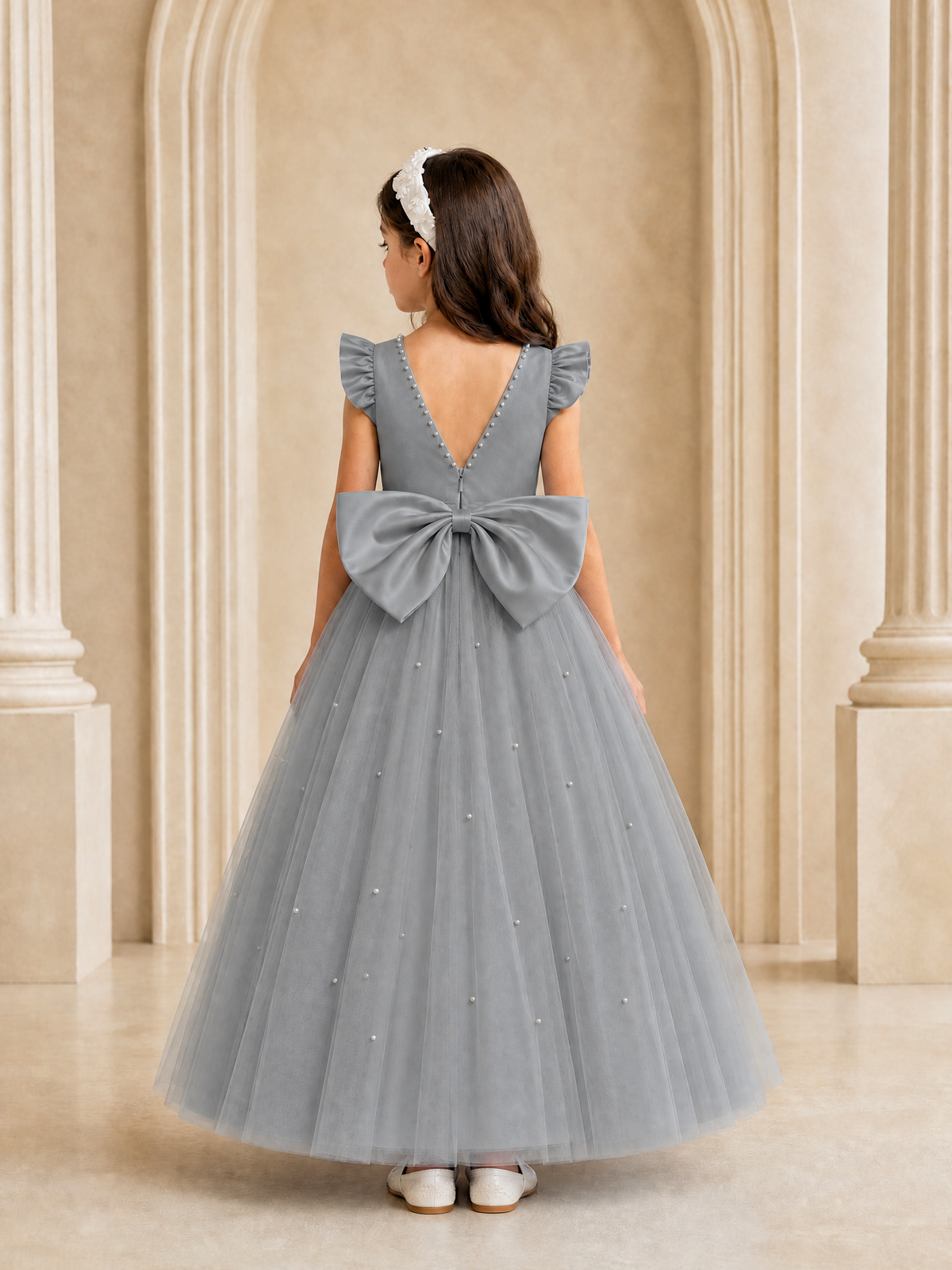 BOLODOO Grey Tulle Flower Girl Dress with Ruffle Sleeves & Bow Back - Grey - Grey_4