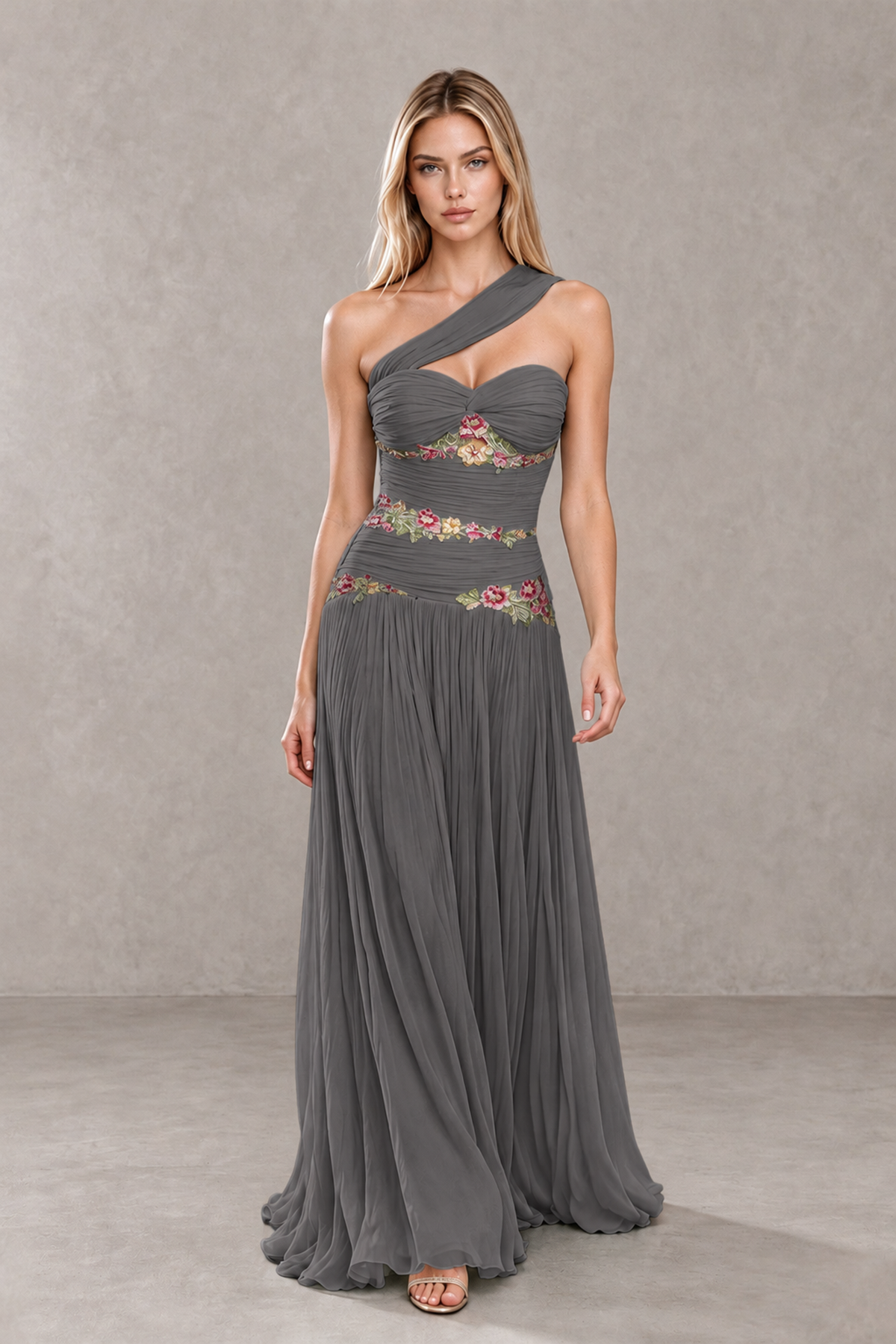 BOLODOO Grey One-Shoulder Floral Applique A-Line Evening Dress - Grey - Grey_4