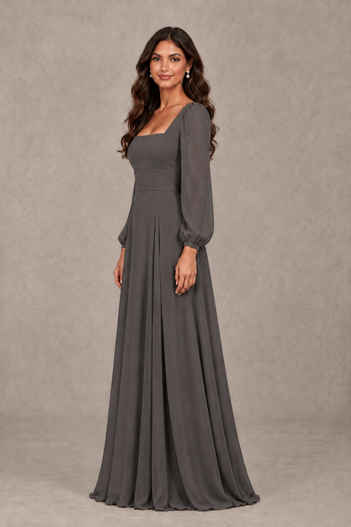 BOLODOO Grey Square Neck Long Sleeve A-Line Bridesmaid Dress - Grey - Grey_4