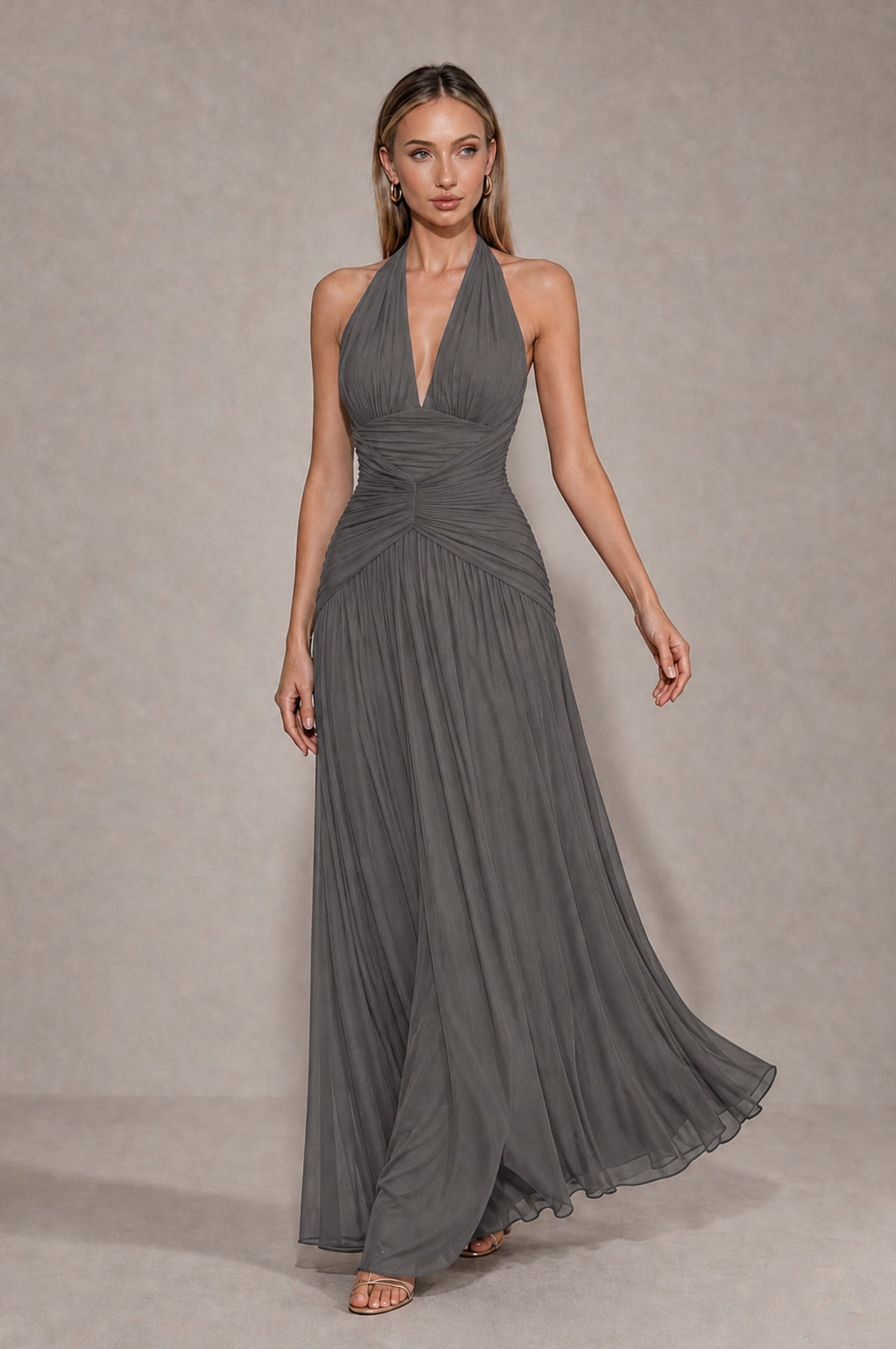BOLODOO Grey Chiffon Halter Deep V-Neck Ruched A-Line Backless Maxi Dress with Train-BD0167 - Grey - Grey_4