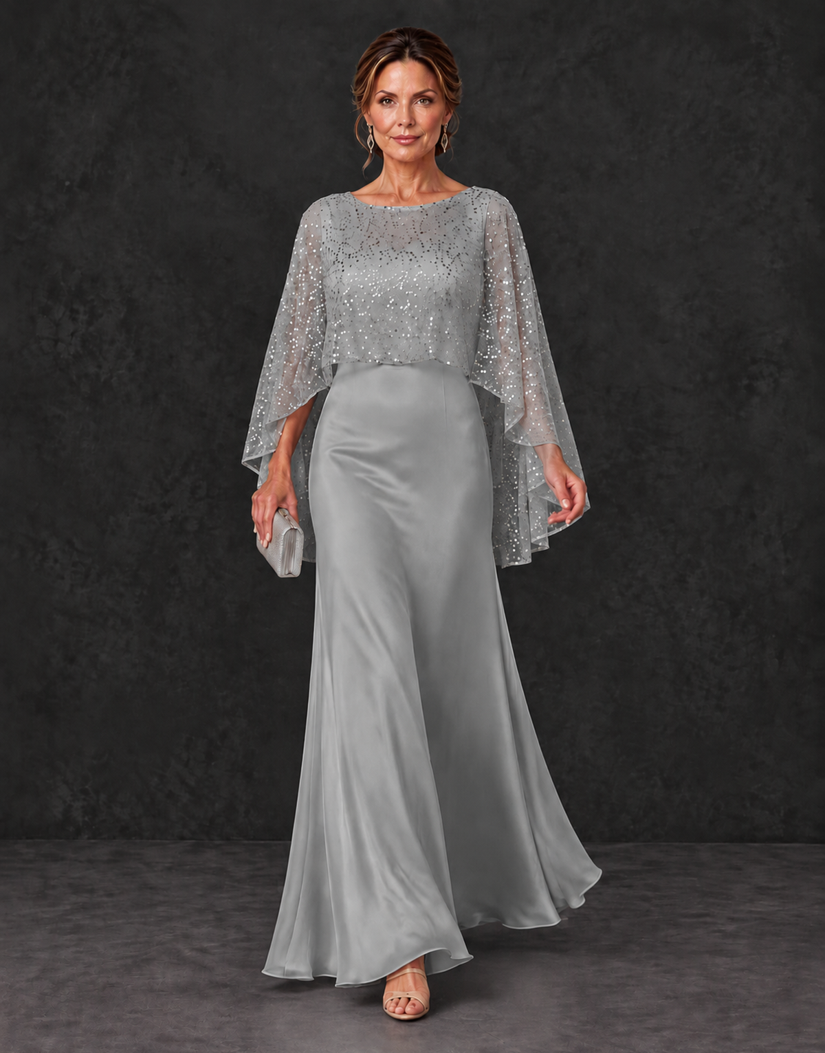 BOLODOO Grey Sparkle Cape Sleeve Mother of the Bride Dress - Grey - Grey_4