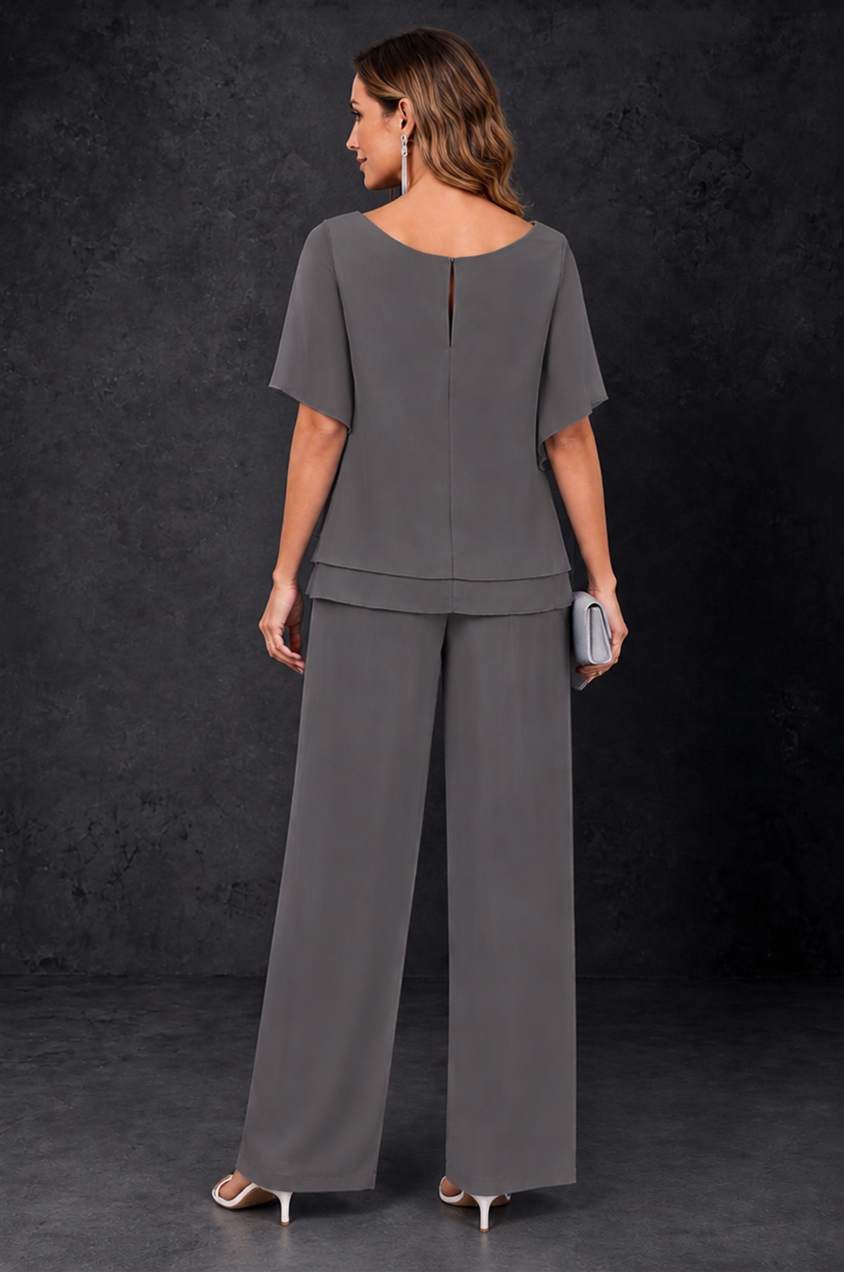 BOLODOO Grey Layered Chiffon-Look Mother of the Bride Pantsuit - Grey - Grey_4
