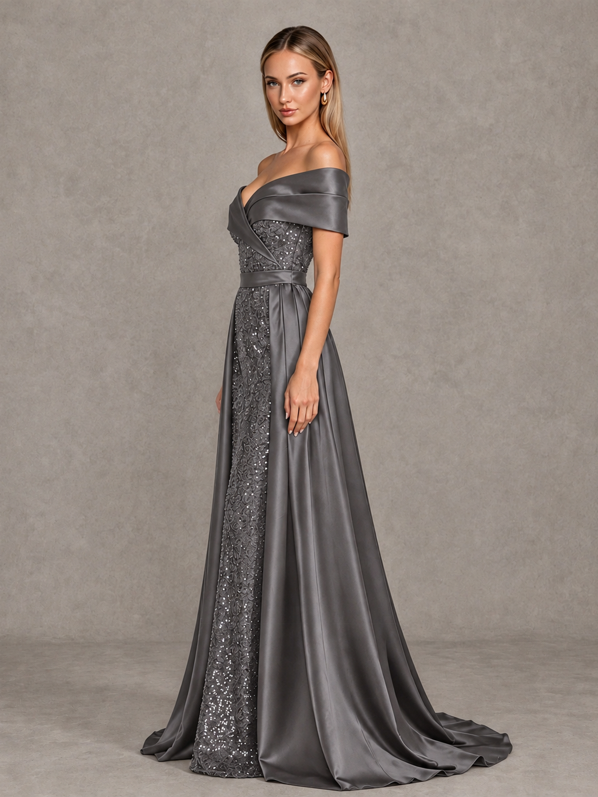 BOLODOO Grey Sequin Mermaid Evening Dress with Detachable Satin Overskirt and Sweep Train - Grey - Grey_4